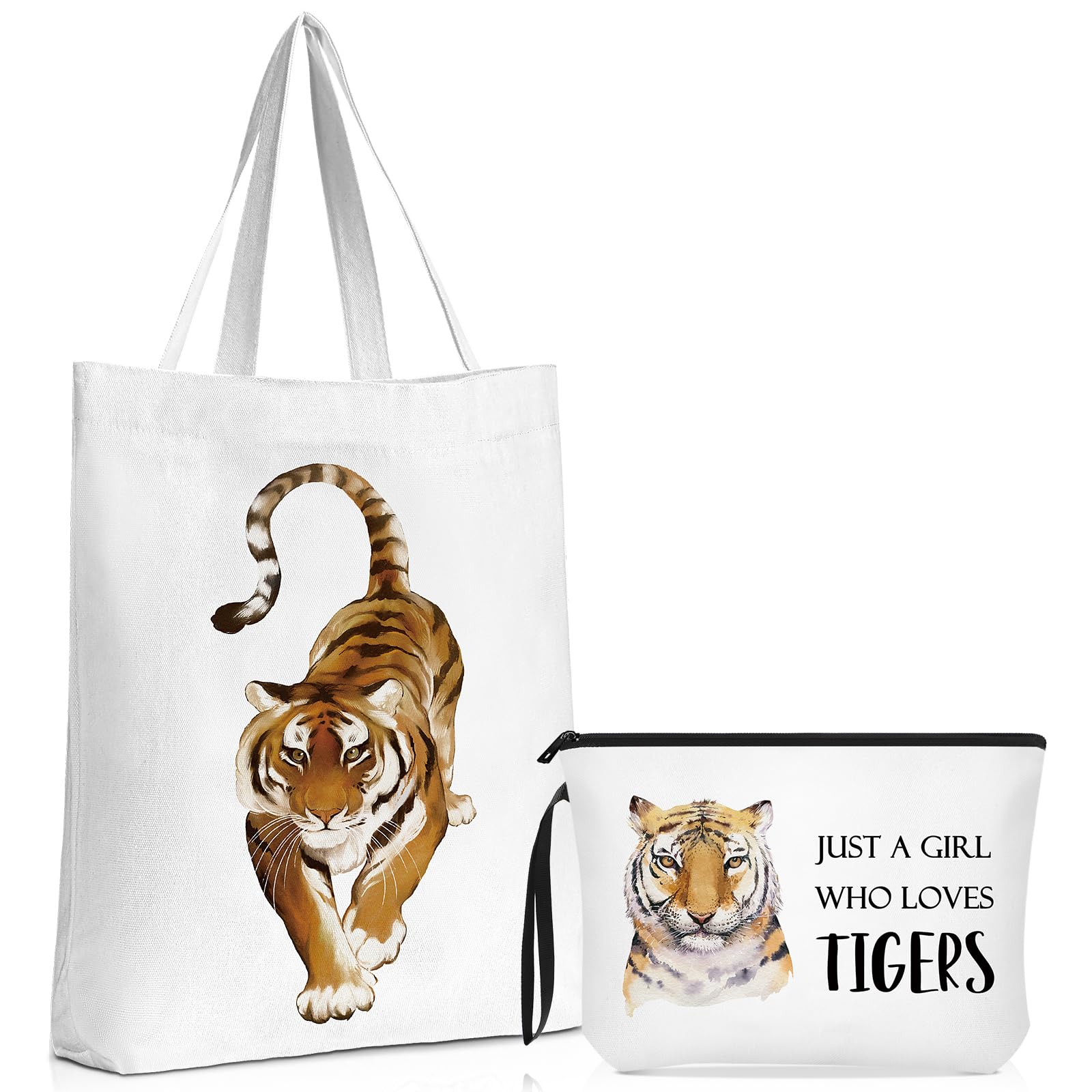 2-Piece Tiger Lover Gift Set - Canvas Tote Bag & Makeup Pouch for Animal Enthusiasts | Perfect Birthday Present for Daughter, Sister & Friends | Great for Travel, Shopping & Daily Use