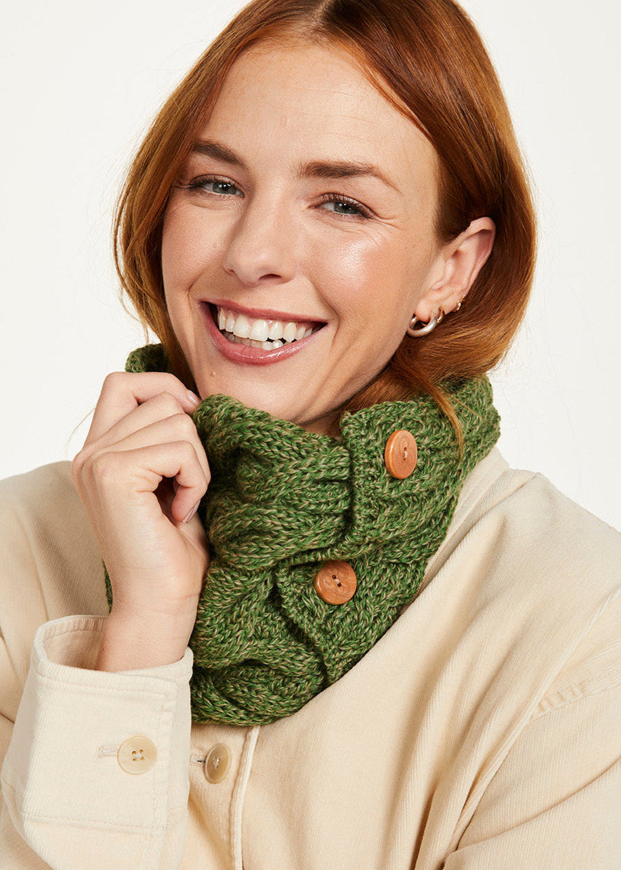 Aran Button Scarf for Women - Soft Chunky Knit Green Wrap Shawl | Winter Warm Fashion Accessory for Outdoor, Travel & Office Wear