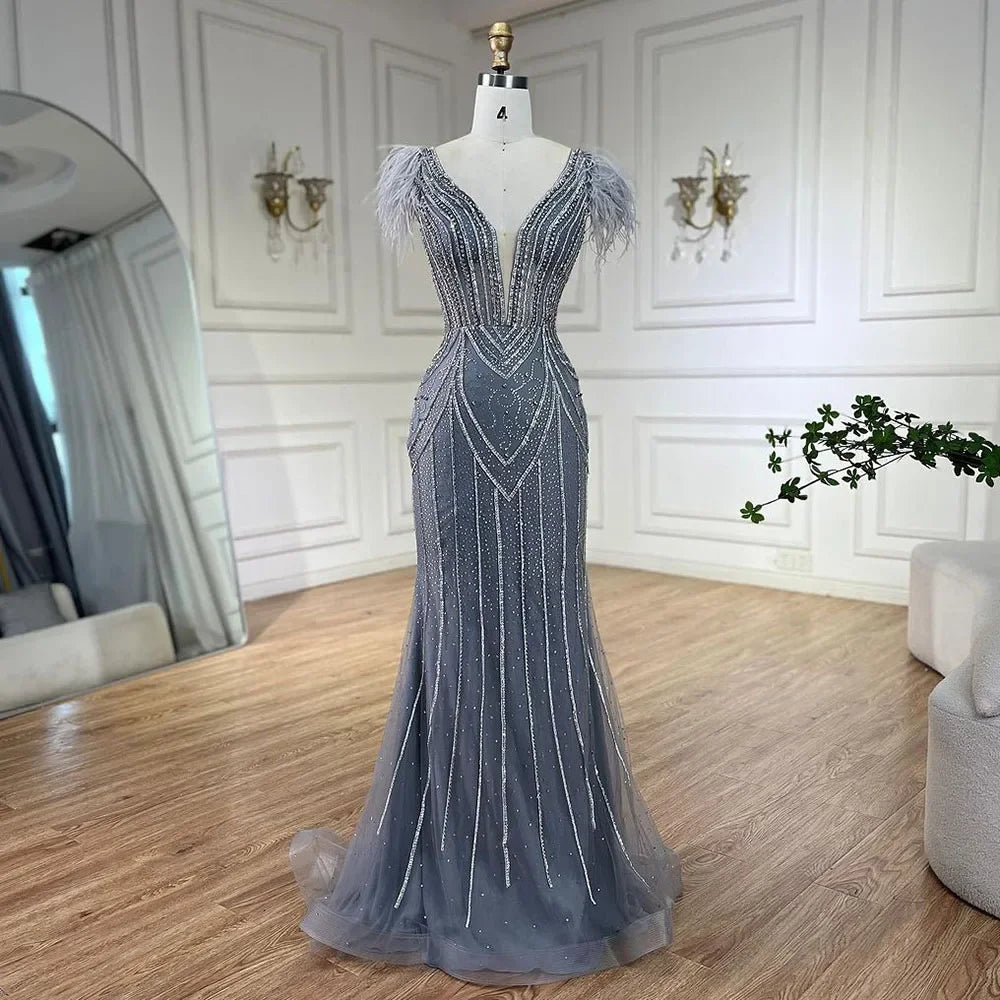 Luxury Dubai Blue Mermaid Evening Dress with Pearls & Feathers - Elegant Beaded Gown for Women's Wedding, Prom, Party & Special Occasions | LA72578