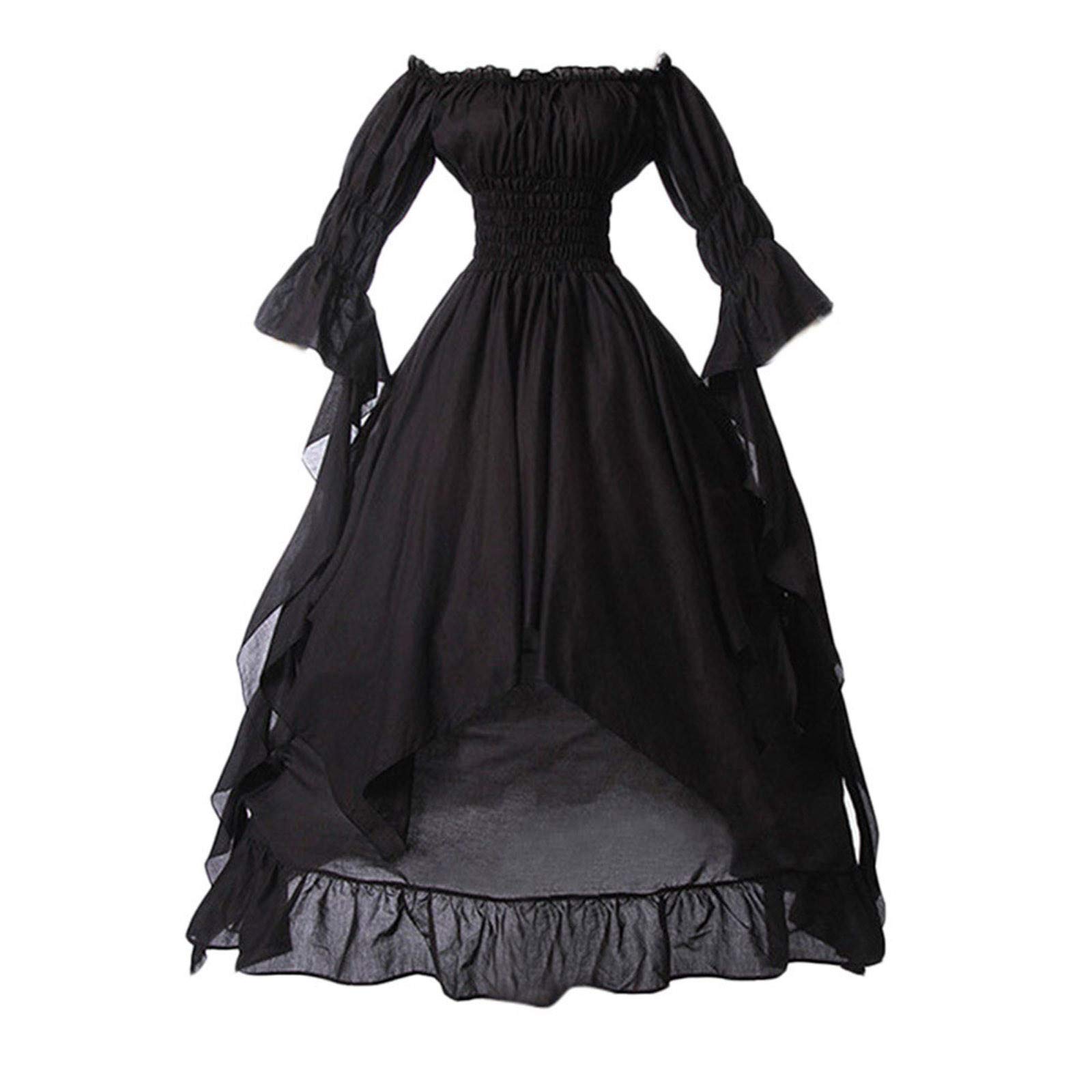 Elegant Women's Solid Color Lace Party Dress - Retro Gothic Off-Shoulder Trumpet Sleeve Princess Dress for Evening Gala, Wedding Guest & Special Occasions