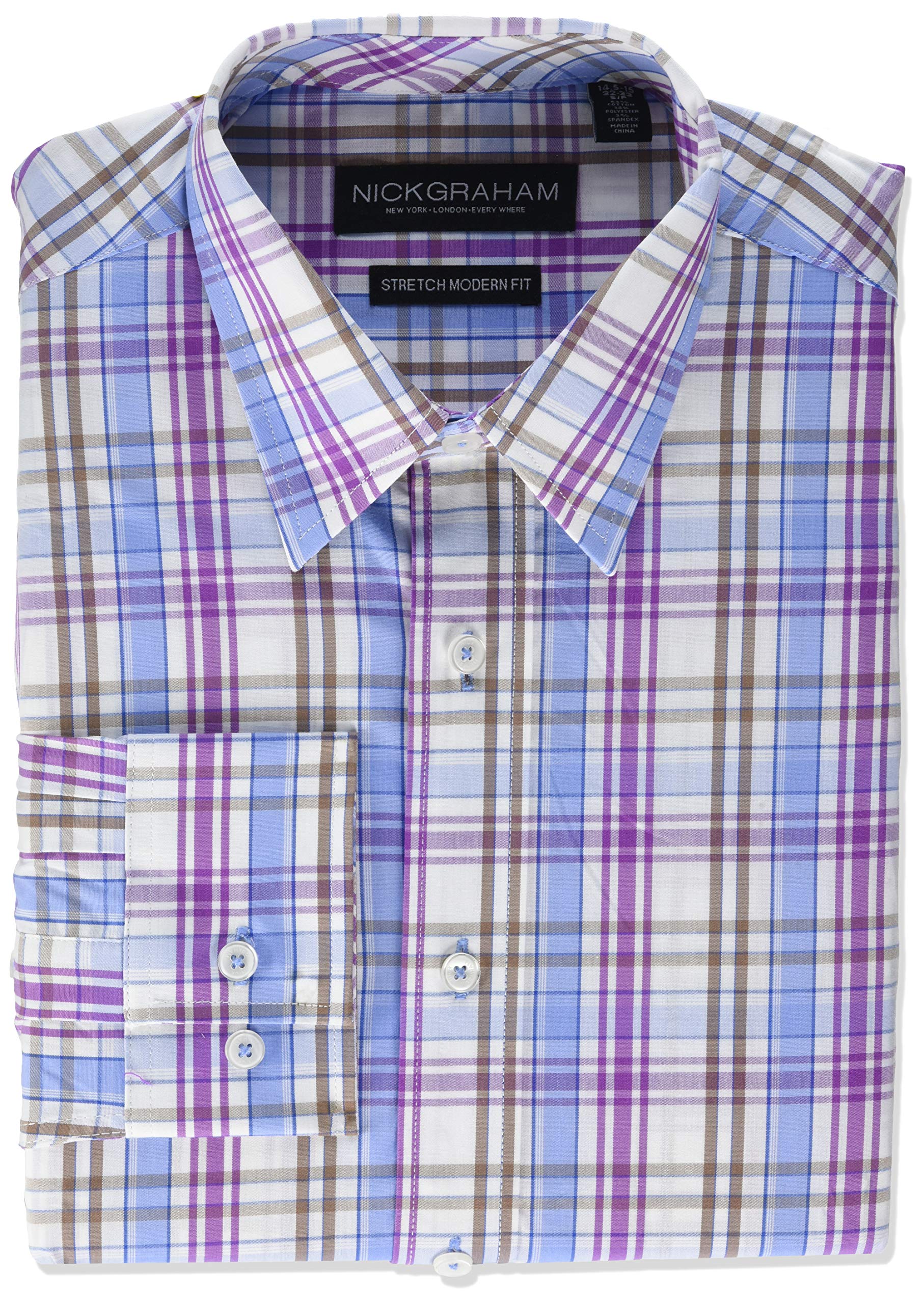 Nick Graham Men's Contrast Pattern Stretch Cotton Blend Dress Shirt - Comfortable Business Casual & Formal Wear for Office, Wedding & Special Occasions