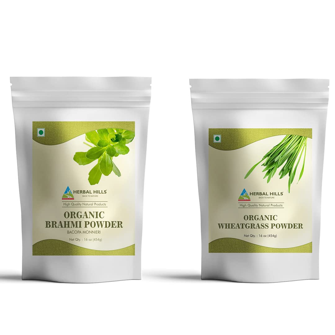 Organic Brahmi Powder & Organic Wheatgrass Powder Combo - 16oz Each (Pack of 2) | Brain Boost & Detox Supplement for Memory, Focus & Wellness | Perfect for Smoothies, Juices & Ayurvedic Recipes