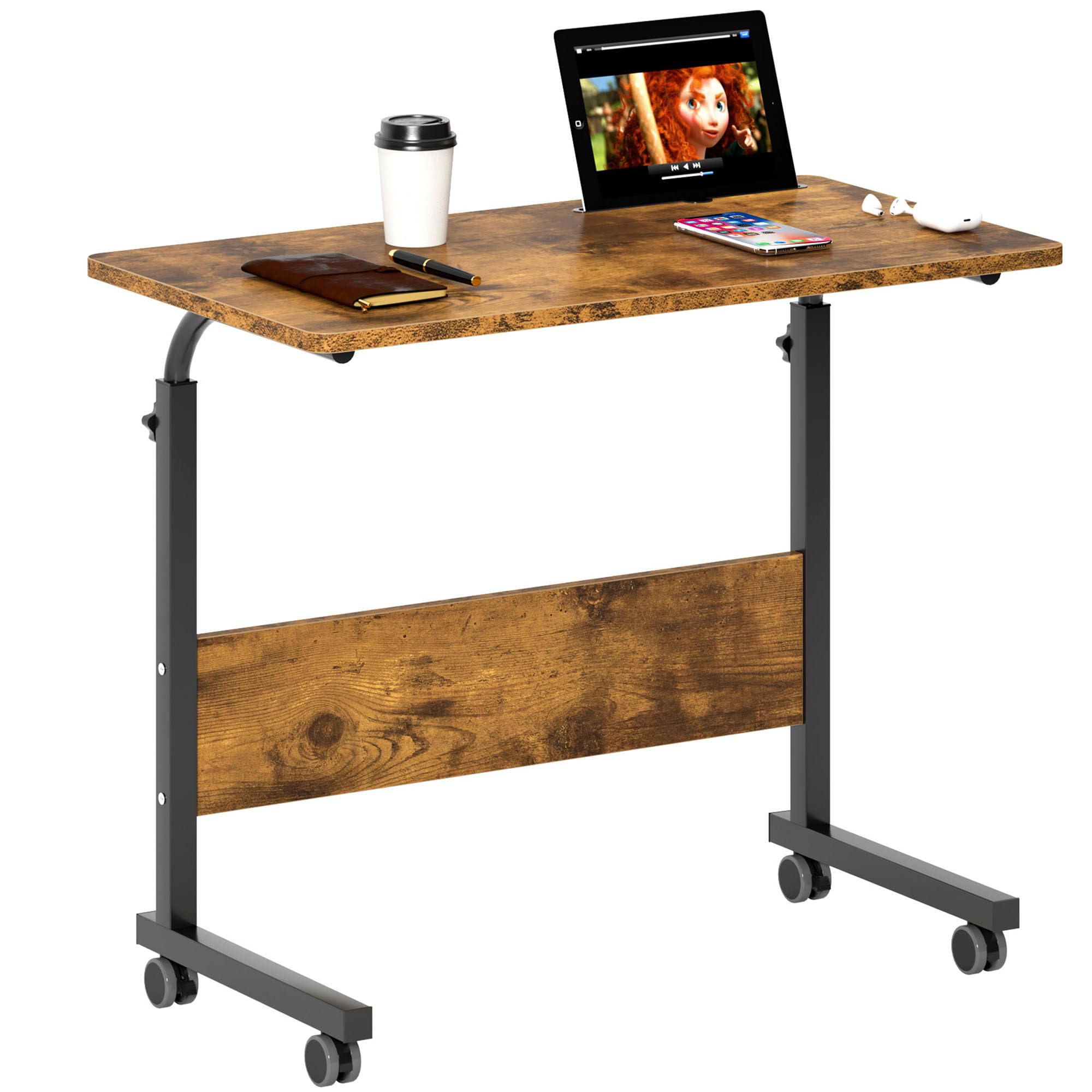 Soges 31.5 Inch Mobile Side Table with Wheels - Adjustable Sofa Laptop Desk with Storage Slot - Portable Rolling Computer Stand for Office, Living Room & Bedroom - Retro Style Home Office Furniture (US9-05#3-80FG-CAGM)