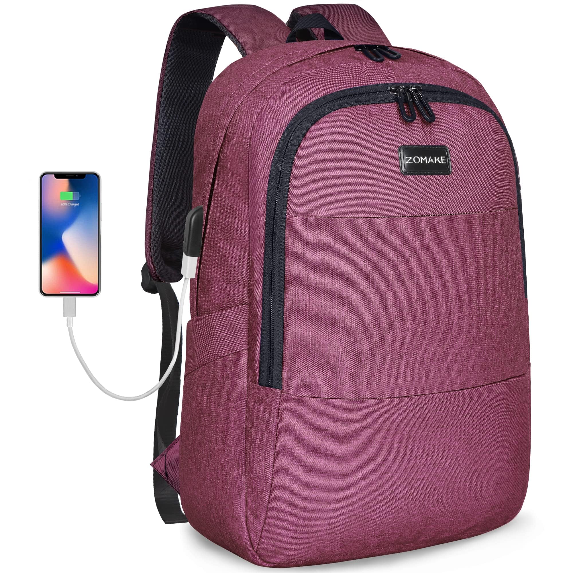 ZOMAKE Waterproof Anti-Theft Laptop Backpack with USB Charging Port & Lock - 15.6 Inch Business Travel Backpack for Men & Women (Wine Red) - Perfect for Commuting, Air Travel & Office Use