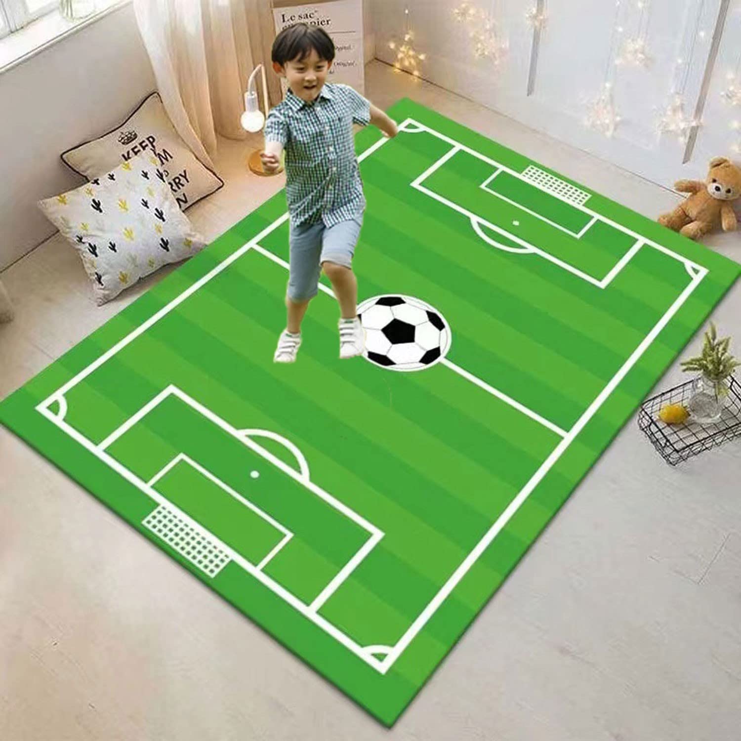 Non-Slip Kids Soccer Rug - 4x6 Football Field Playmat for Boys & Girls Bedroom, Sports Room & Living Room - Soft Green Children's Area Rug for Playtime & Decor