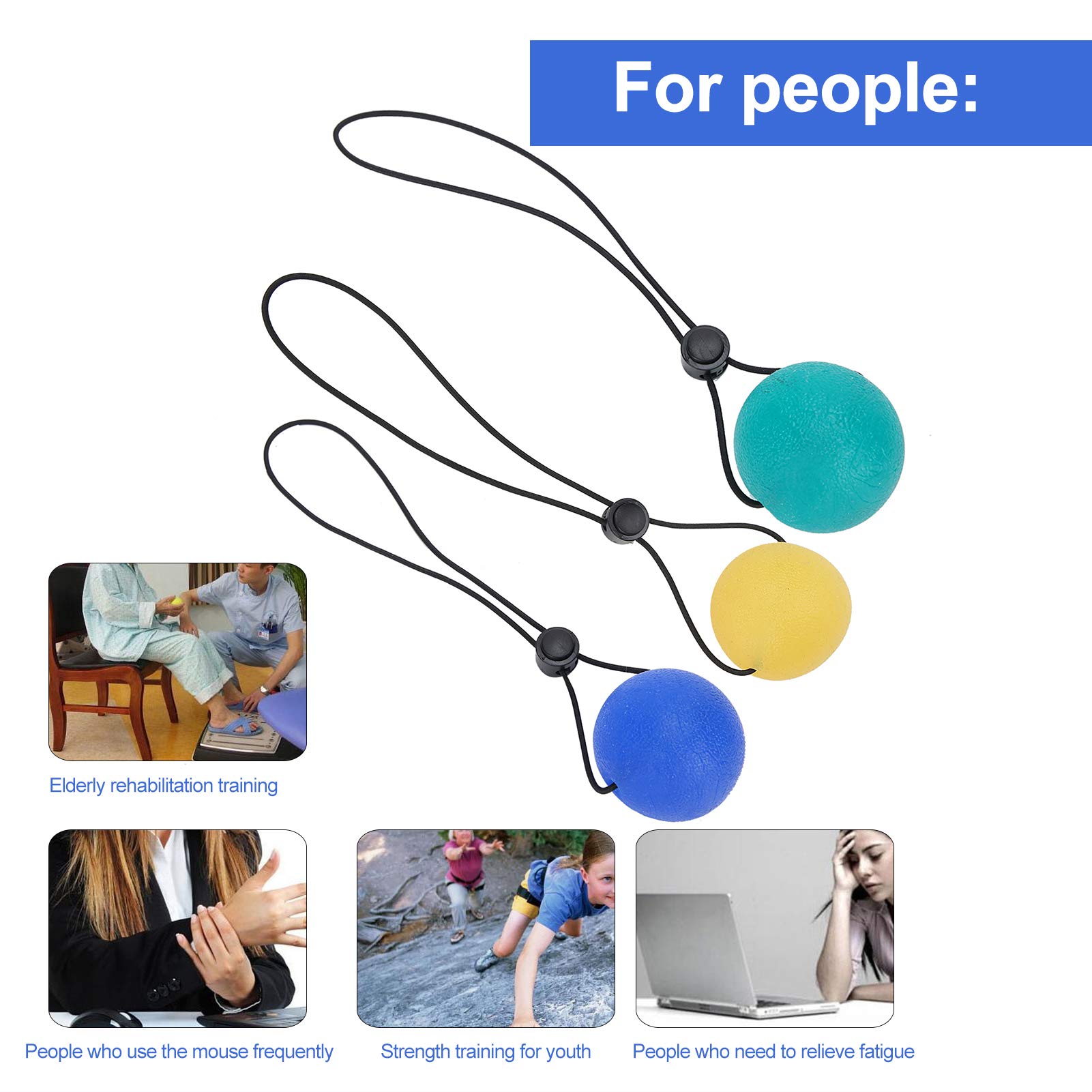 Anti-Stress Squeeze Balls Set of 3 - Silicone Hand Grip Trainer with Cord for Finger Strength, Climbing & Stress Relief (Yellow, Blue, Green) - Perfect for Office, Gym & Anxiety Relief