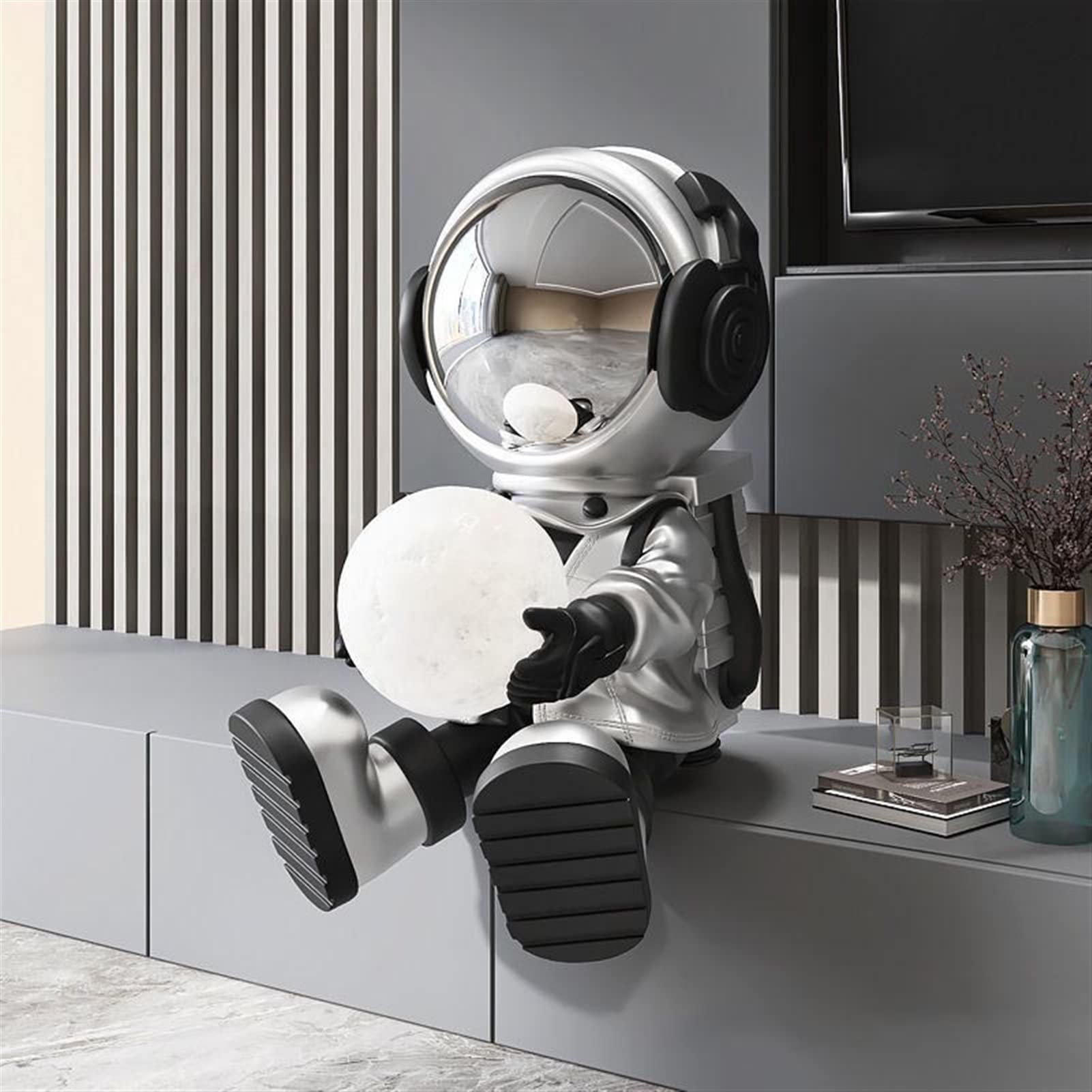 Glowing Moon Night Light - White, Gold, Silver & Blue Astronaut Decor for Boys Bedroom, Living Room, Study & Bookcase - Perfect for Cafe Decor, Birthday, Valentine's Day & Christmas Gifts - Creates Cozy Ambiance for Nighttime Reading & Relaxation