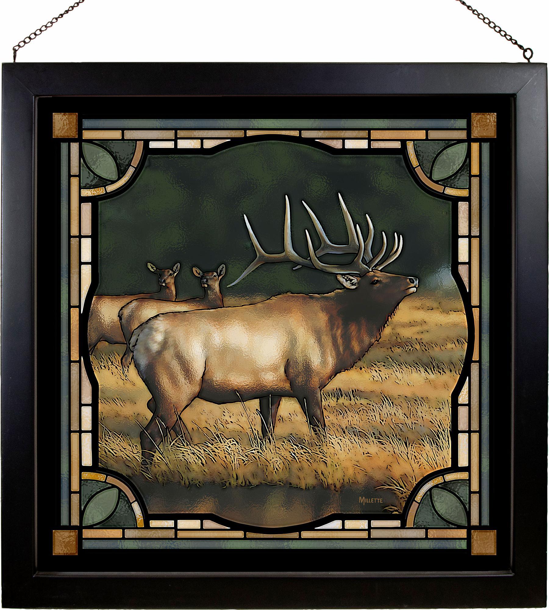 Handmade Bull Elk Stained Glass Art Panel - 20x20 Inches - Perfect for Home Decor, Gifts & Cabin Wall Art