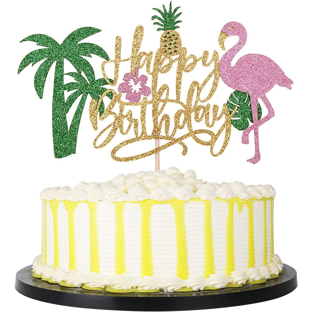 PALASASA Glitter Flamingo Happy Birthday Cake Topper - Tropical Pineapple Hawaiian Luau Theme Party Decorations for Kids, Boys & Girls | Perfect for Birthday Cakes, Cupcakes & Tropical Themed Parties