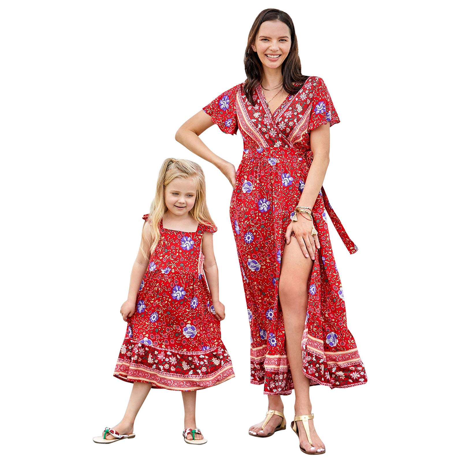 PopReal Mommy and Me Dresses - Boho Casual Maxi & Summer Short Dress Set with V-Neck Wrap & Floral Print | Perfect for Family Photos, Beach Vacations, and Outdoor Events