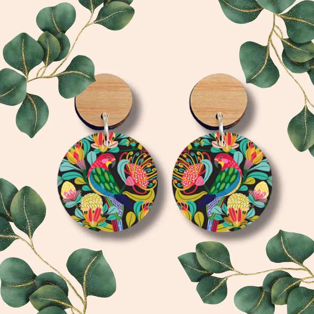 Handmade Australian Rosella Parrot Wooden Earrings - Unique Boho Bird Jewelry for Women - Perfect for Festivals, Parties & Nature Lovers