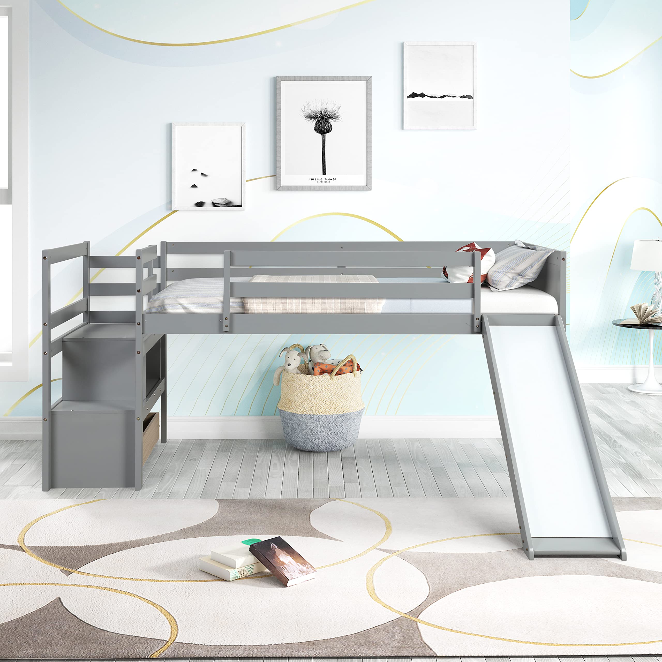 Harper & Bright Designs Low Loft Bed with Slide & Drawers - Twin Size Wood Loft Bed Frame with Storage Shelf, Stairs & Safety Rail - Kids Bed for Toddlers, Teens - No Box Spring Needed - Grey - Perfect for Small Rooms & Play Areas