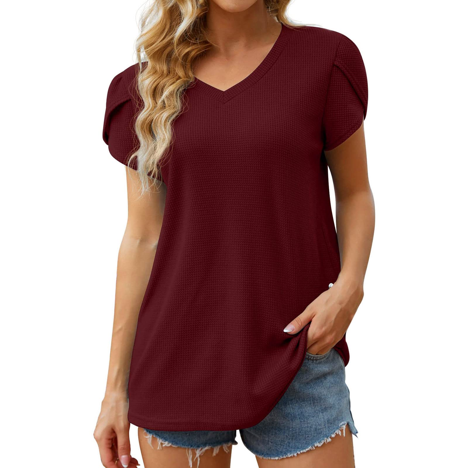 Women's Waffle Knit V-Neck T-Shirt - Petal Sleeve Summer Top, Casual Tulip Short Sleeve Blouse for Everyday Wear, Date Night & Office Outfits