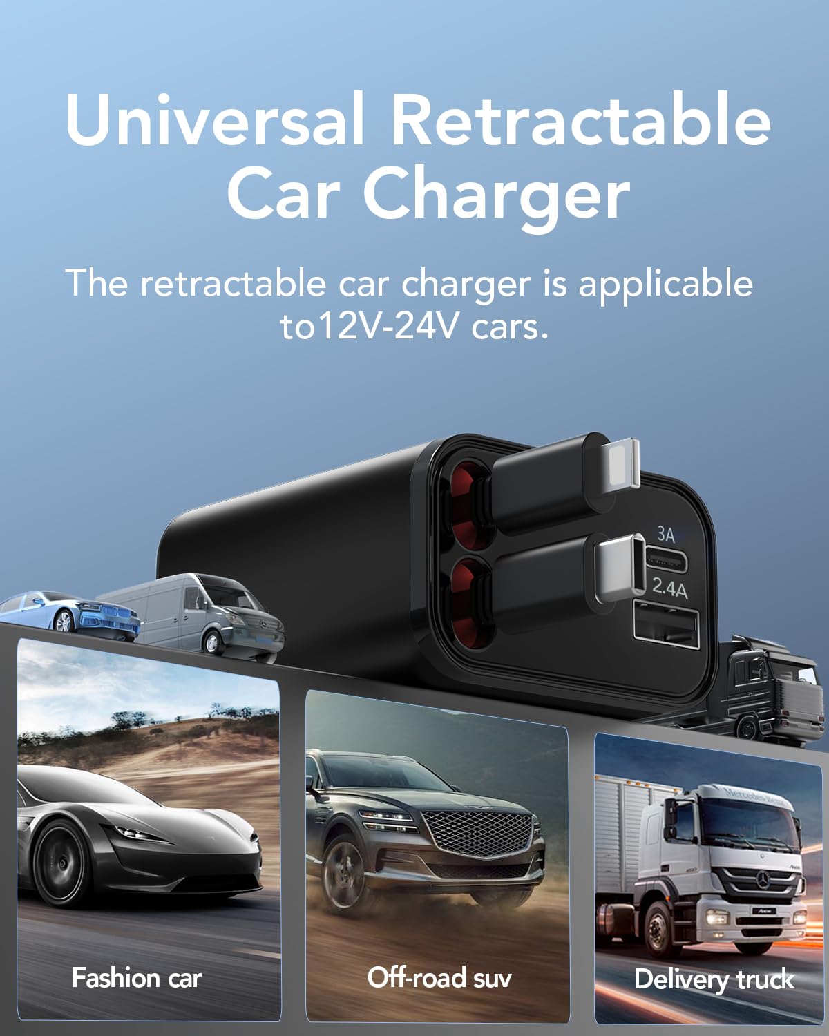 69W 4-in-1 Retractable Car Charger with 2.6ft Cord & Dual USB Ports - Fast Charging for iPhone 16/15/14/13/12/11, Galaxy & Pixel - Perfect for Road Trips & Daily Commutes