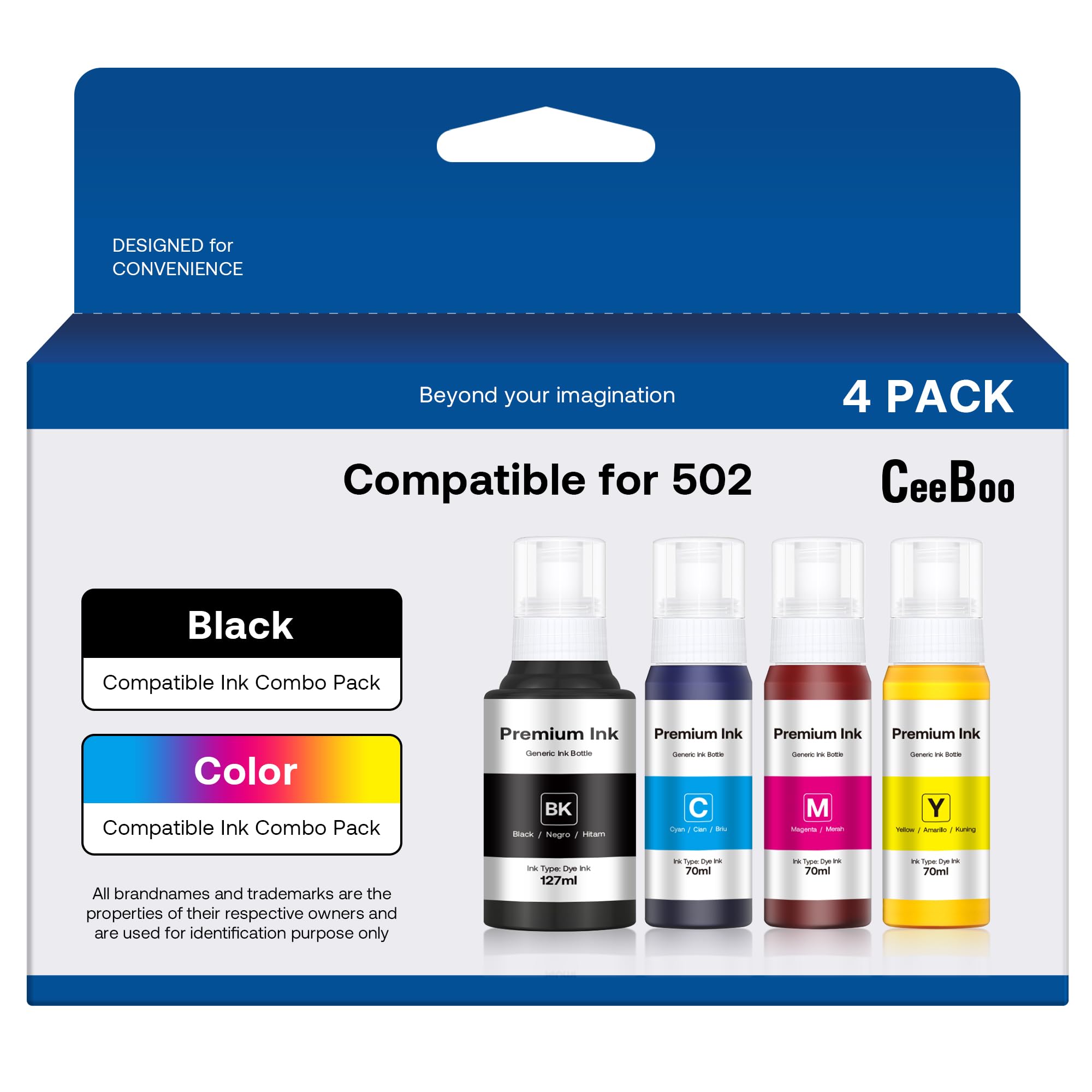 Epson 502 Ink Bottles Replacement - 4 Pack Compatible Ink Refill for ET-2850 ET-3830 ET-3850 Printers (Not Sublimation Ink) - Ideal for Home Office Printing, Documents & Photos