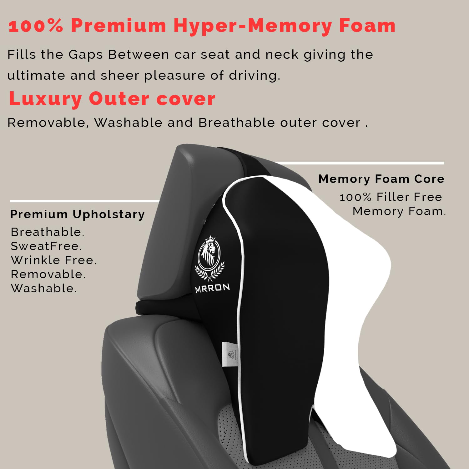 MRRON PROTECH Ultimate Memory Foam Car Neck Pillow - Ergonomic Support for Neck Pain Relief - Washable Black Travel Pillow for Cars, Office & Airplane - Comfortable Headrest Cushion for Long Rides & Napping