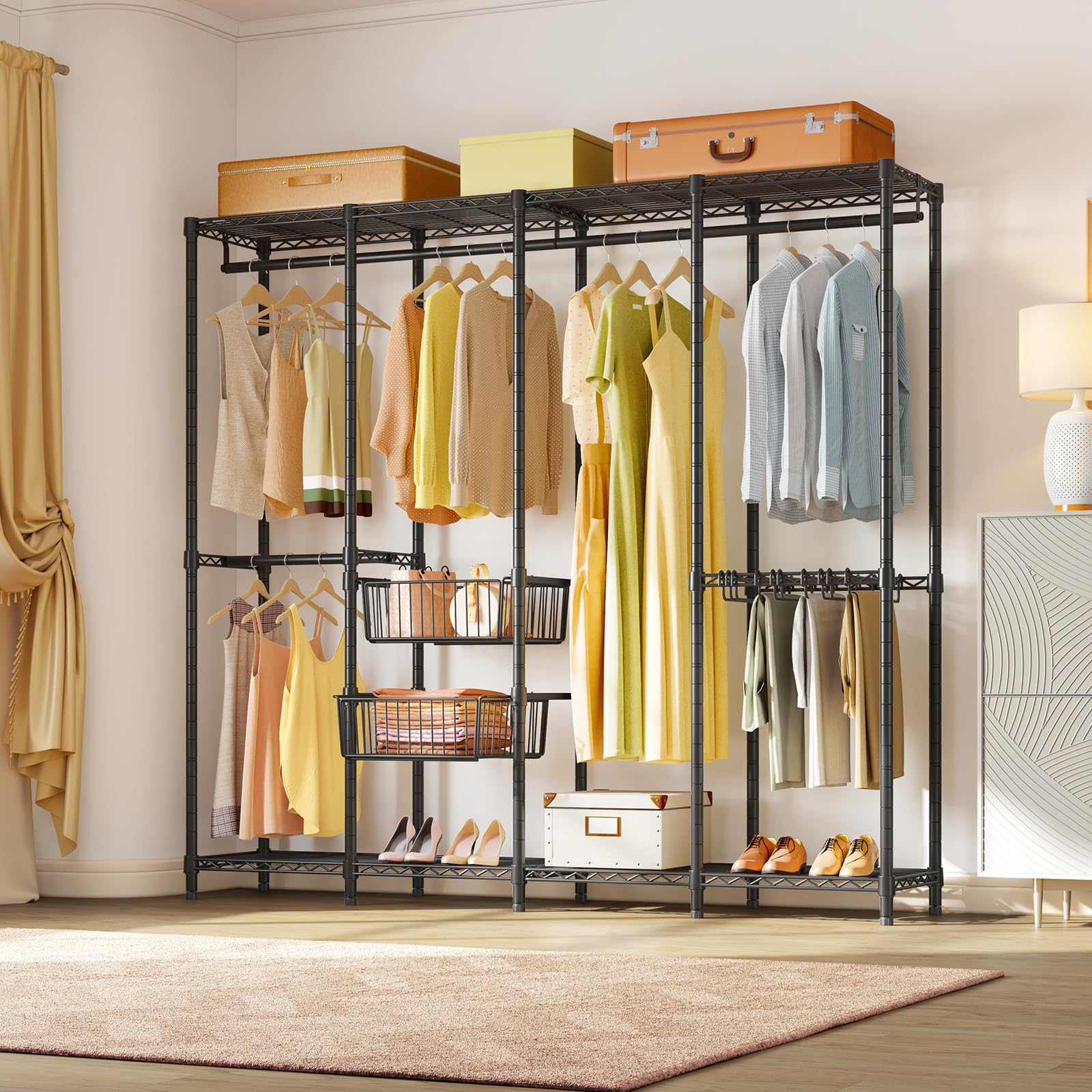 VIPEK V40 Pro Heavy Duty Portable Closet Wardrobe - Freestanding Clothes Rack with 2 Sliding Storage Baskets & 10 Pants Hangers, 1000lbs Capacity for Bedroom, Living Room, Dorm or Office Organization (Black)