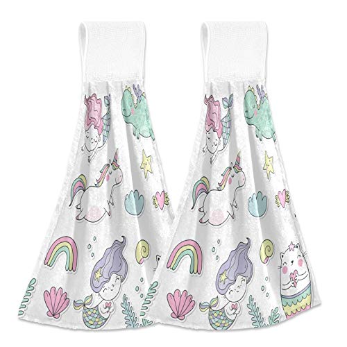 Summer Mermaid & Unicorn Rainbow Kitchen Hand Towels 2 Pack - Absorbent Cotton Hanging Towels with Loop for Kitchen & Bathroom Decor | Perfect for Beach House, RV, and Coastal Themed Homes