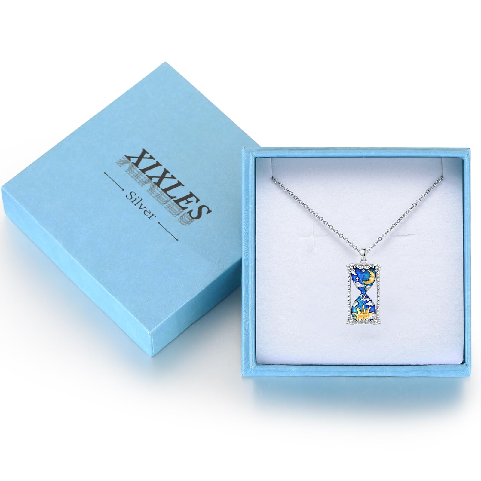 925 Sterling Silver Moon and Stars Hourglass Pendant Necklace for Women - Perfect for Gifts, Layering & Boho Jewelry Looks