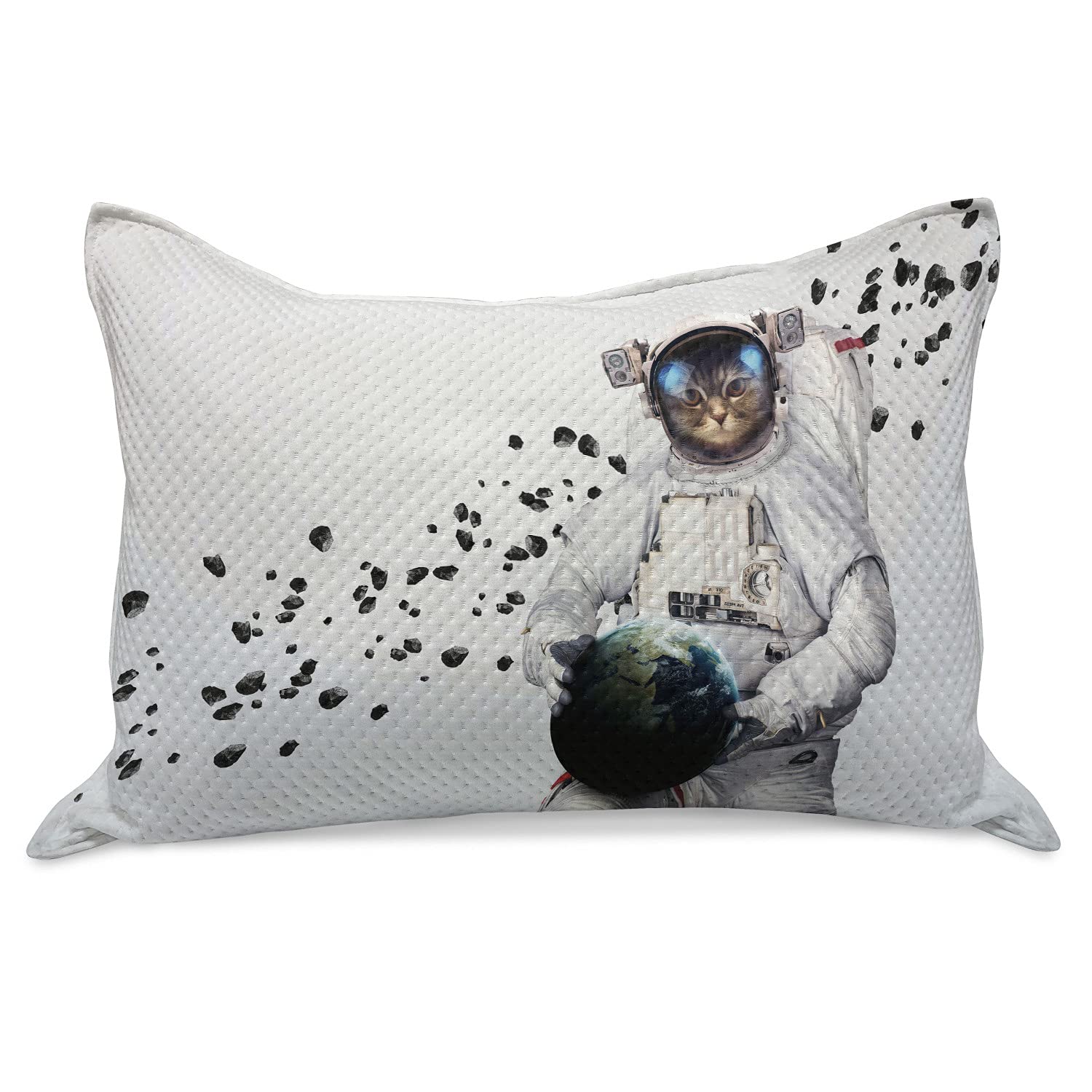 Ambesonne Space Cat Knitted Quilt Pillow Cover - Astronaut Kitten in Space Suit Holding Planet with Galaxy Design, Standard King Size 36x20 Inches, White Black & Blue - Perfect for Bedroom Decor, Living Room Accent & Space Theme Gifts