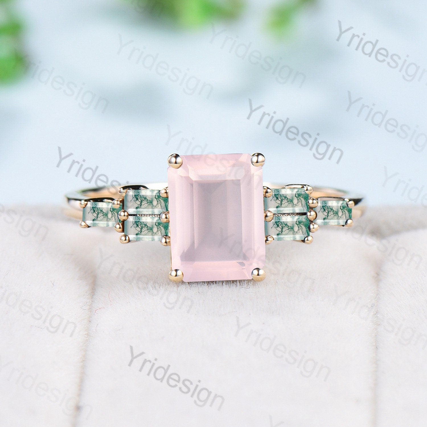 Natural Emerald Cut Rose Quartz Engagement Ring - Vintage Cluster Baguette Moss Agate Pink Crystal Wedding Band for Women - Unique Anniversary Gift for Her - Perfect for Proposals, Weddings & Romantic Occasions