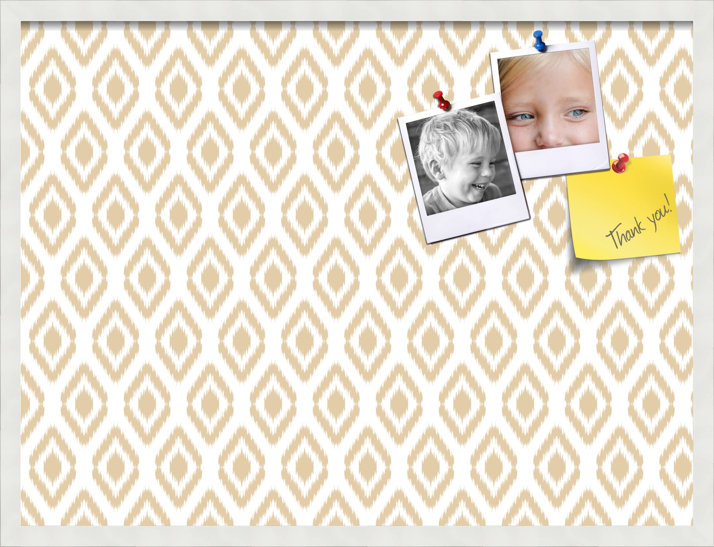 PinPix 32x24 Inch Cork Bulletin Board with Ikat Beige Design & Satin White Frame - Decorative Framed Pin Board for Home Office School Decor - Perfect for Notes, Photos, Reminders & Wall Organization