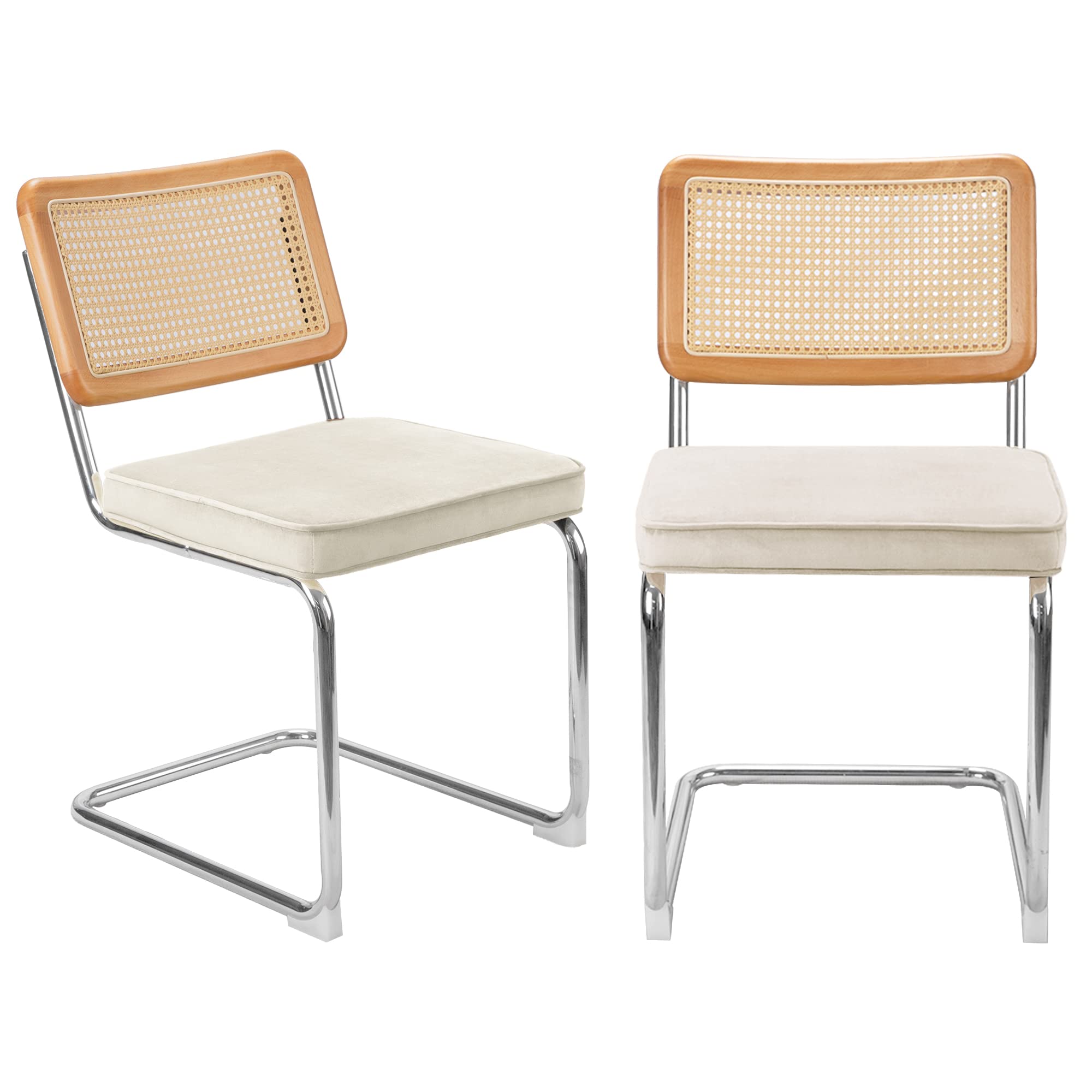 Mid Century Modern Dining Chairs Set of 4 - Velvet Upholstered Rattan Chairs with Chrome Metal Legs & Cushioned Seats - Beige Kitchen, Dining Room, Living Room & Bedroom Accent Chairs for Home Decor