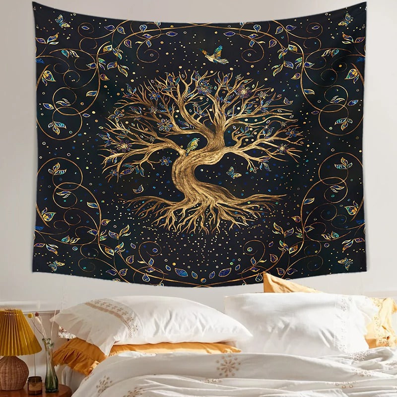 Golden Tree of Life Wall Tapestry - Spiritual Boho Home Decor for Bedroom, Living Room & Meditation Space - Nature Inspired Art Hanging
