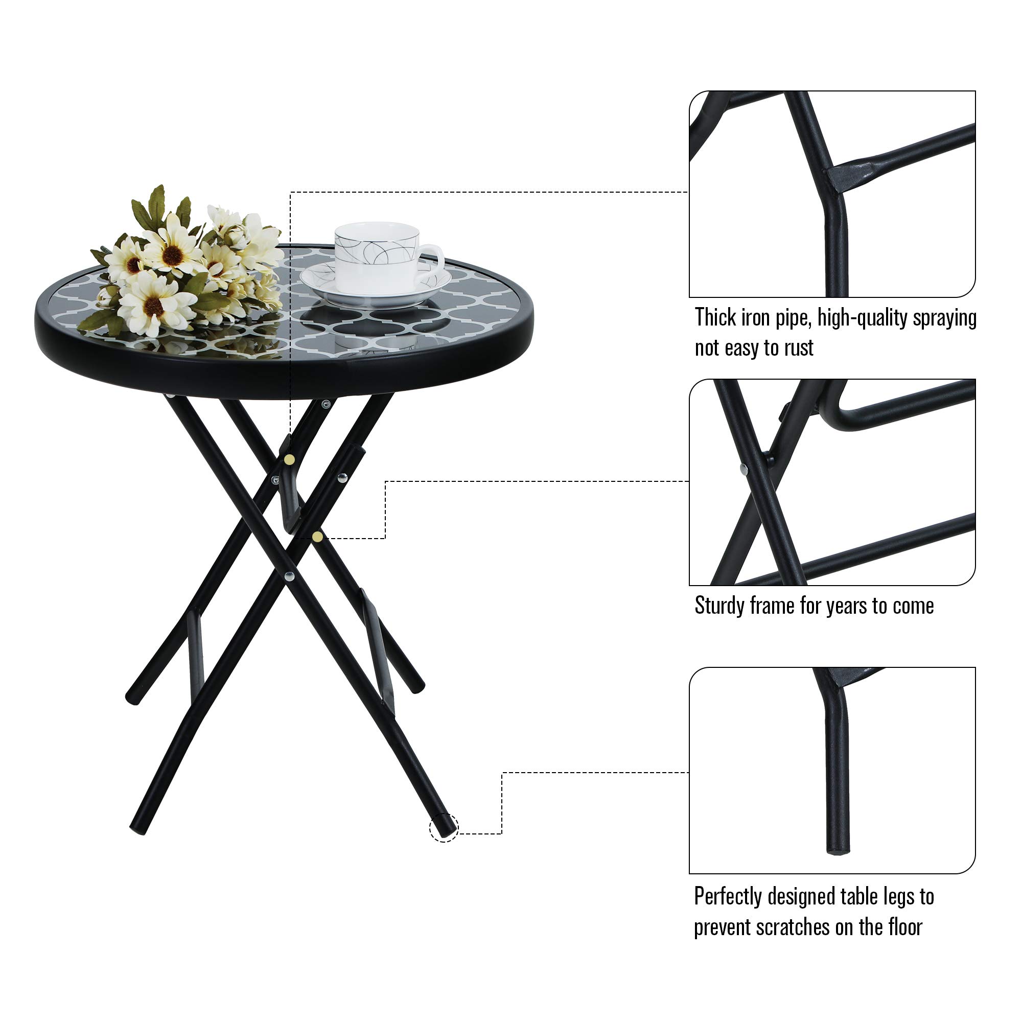 Foldable Round Side Table - Glass Top Metal Base Coffee Table for Balcony, Garden, Patio & Living Room | Weatherproof & Easy Care | Perfect for Outdoor Dining, Relaxing & Small Space Decor