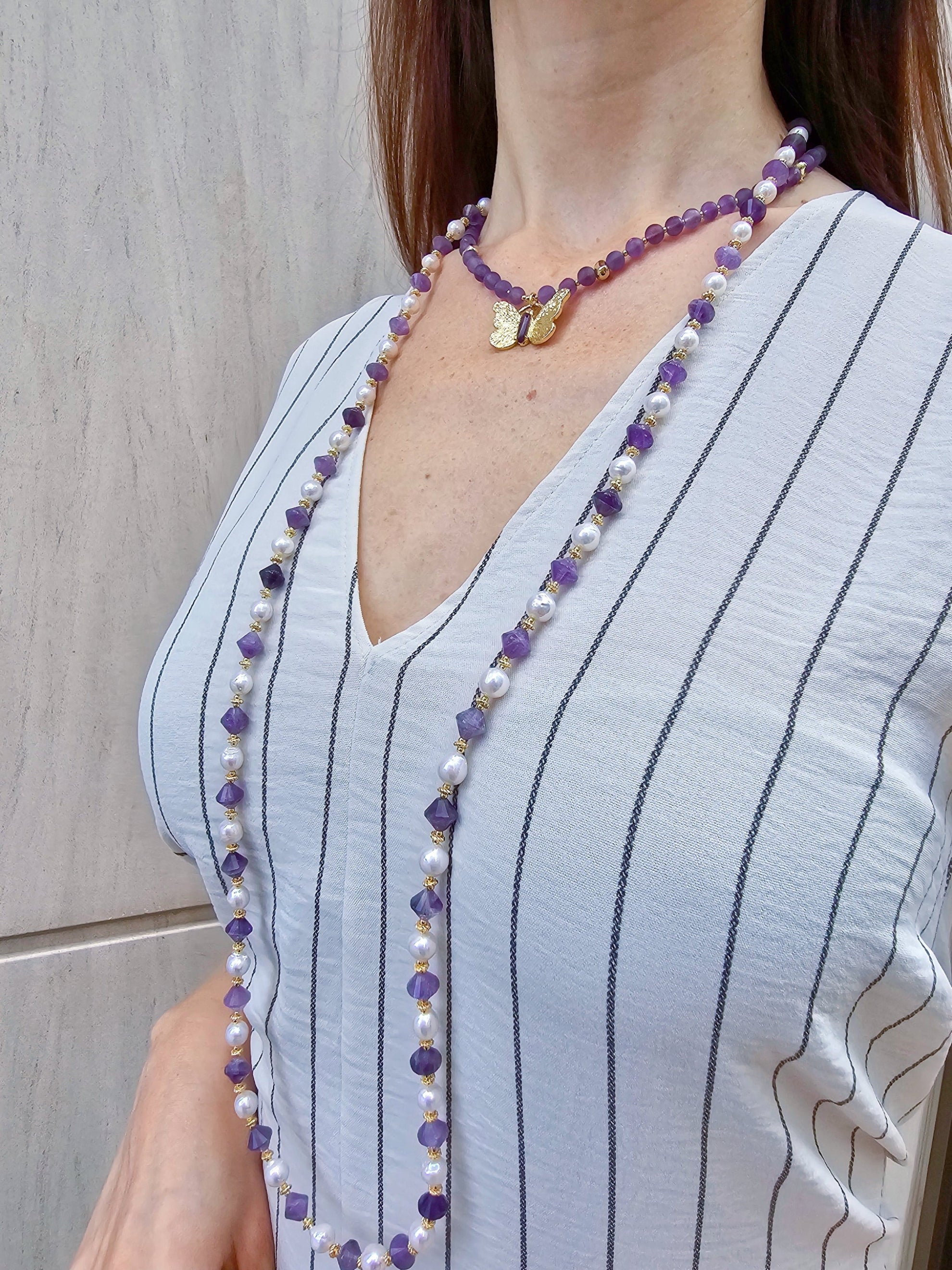 Elegant Freshwater Pearl & Amethyst Long Necklace for Women | Dainty Layering Jewelry Gift for Her | Perfect for Weddings, Date Nights & Special Occasions