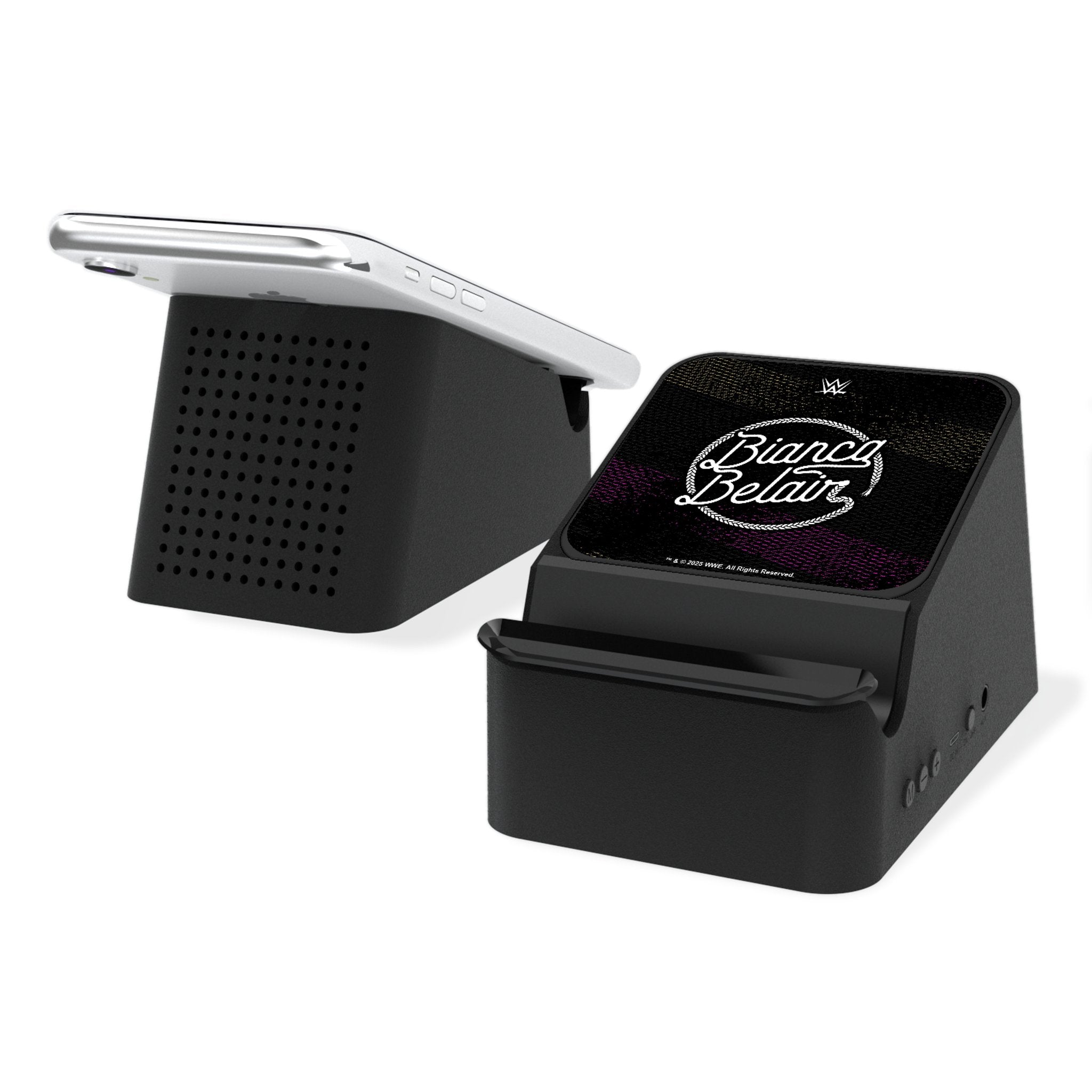 Bianca Belair Wireless Charging Station with Bluetooth Speaker - Fast Qi-Certified Steel Stand for iPhone, Samsung, AirPods - Perfect for Home, Office, and Travel Use