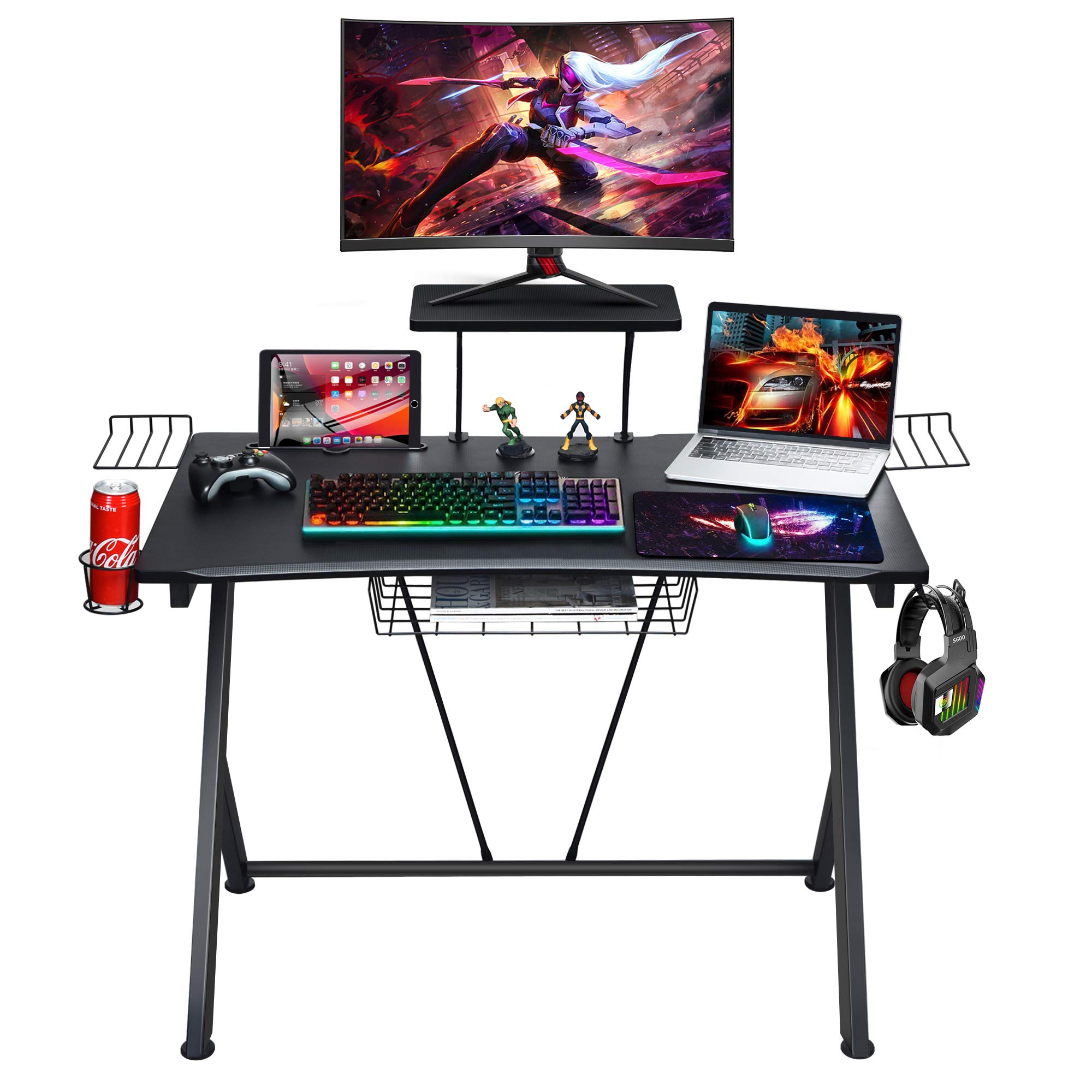 PowerStone 52 Inch Gaming Desk with Monitor Shelf, Storage Basket, Cup Holder & Headphone Hook - Ergonomic Racing Style Computer Desk for PC Gamers & Streamers - Perfect for Esports, Home Office & Gaming Setups