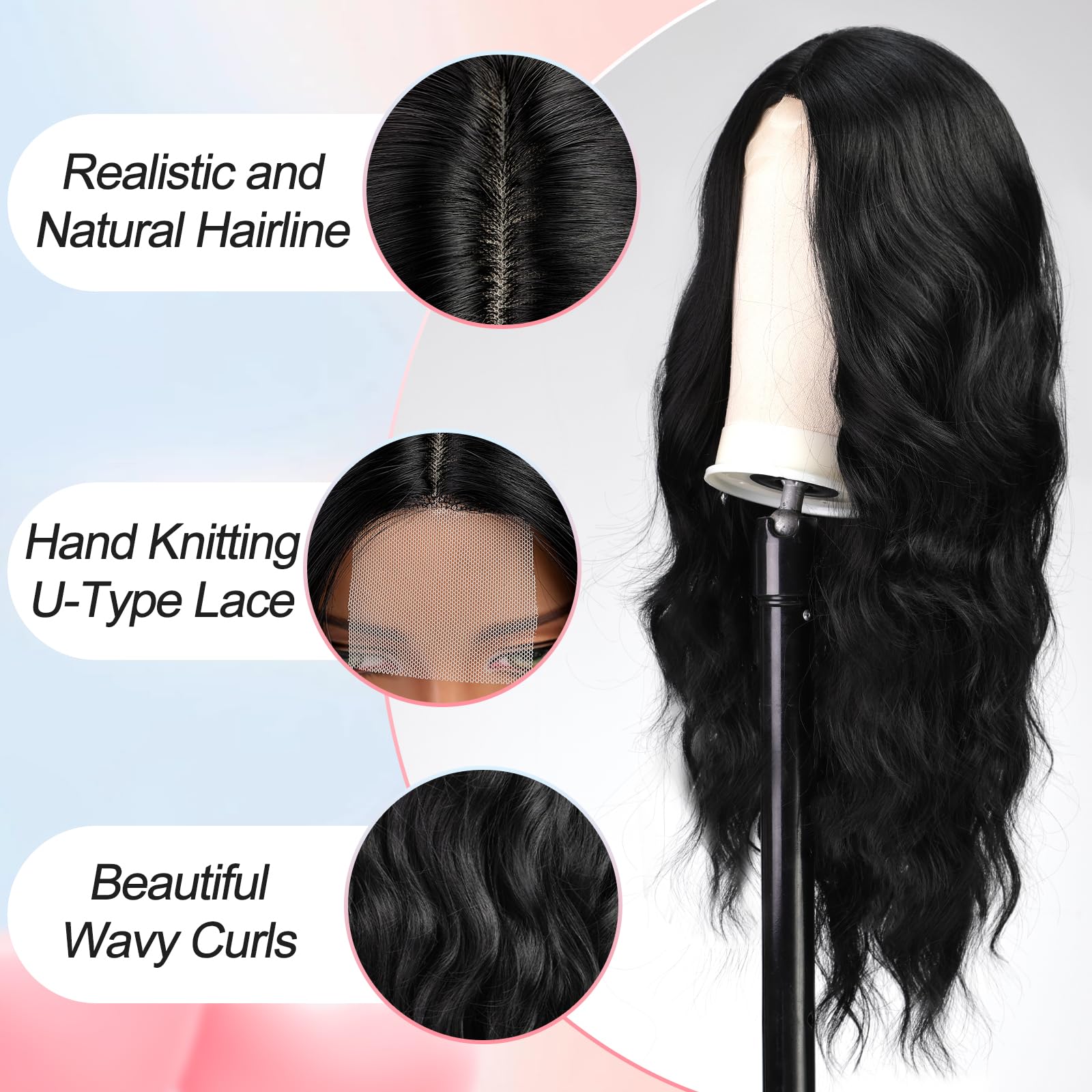 EMMOR 26 Inch Long Black Wavy Lace Front Wig for Women - Heat Resistant Synthetic Curly Wig with Natural Middle Part | Perfect for Daily Wear, Cosplay & Parties