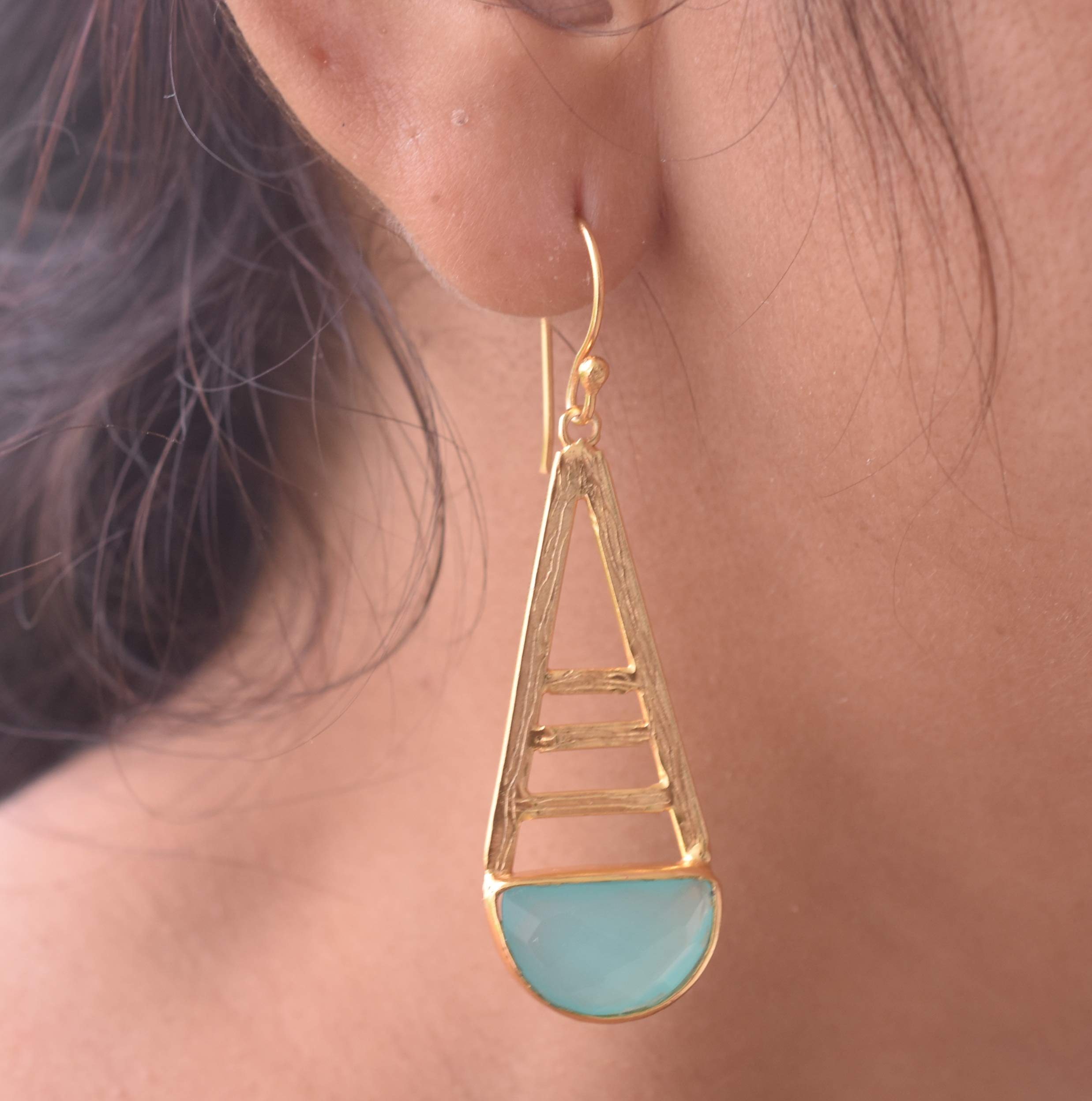 Handmade Gold Filled Aqua Chalcedony March Birthstone Earrings for Women - Crescent Moon Design, Fashion Jewelry Gift for Birthday, Anniversary & Special Occasions | VE-120