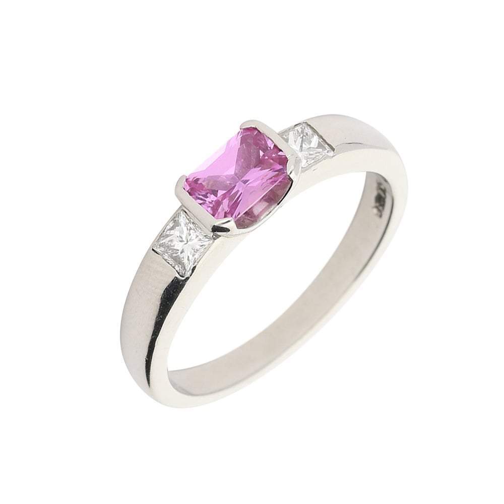 Exquisite Platinum Pink Sapphire & Diamond Trilogy Ring for Women | Elegant Engagement, Wedding, Anniversary Gift | Perfect for Proposals, Bridal Jewelry & Special Occasions