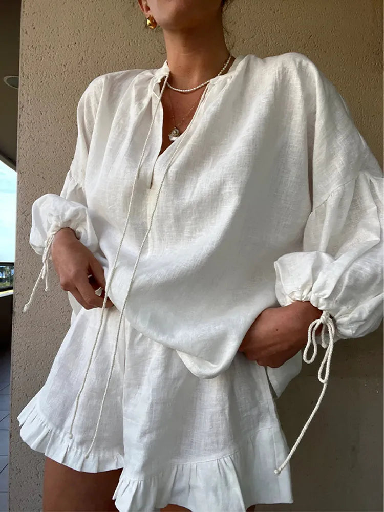 Women's Fashion Summer Cotton Linen 2-Piece Set - Loose Ruffle Shorts & Long Sleeve Drawstring Pullover Top | Casual Beach Outfit for Vacation, Travel & Outdoor Activities