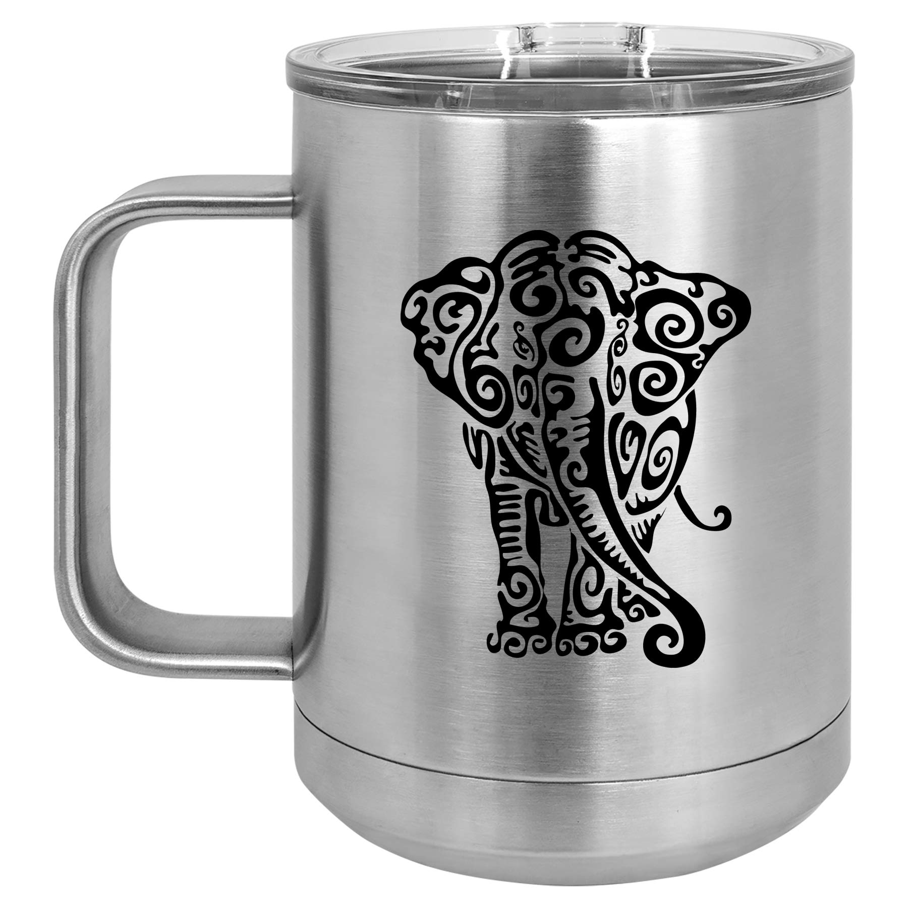 15 oz Vacuum Insulated Stainless Steel Tumbler with Handle & Lid - Tribal Elephant Design (Silver) | Leakproof Travel Coffee Mug for Hot & Cold Drinks | Perfect for Commuting, Camping, Office & Outdoor Activities