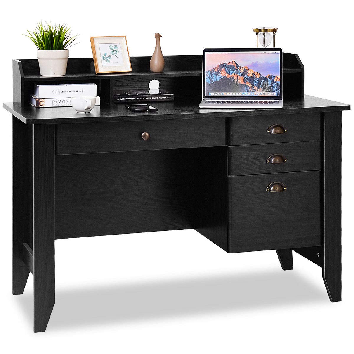 Tangkula Vintage Wooden Computer Desk with 4 Storage Drawers & Hutch - Home Office Desk with Storage Shelves, Executive Writing Study Desk (Black) - Perfect for Small Spaces, Remote Work & Home Office Organization