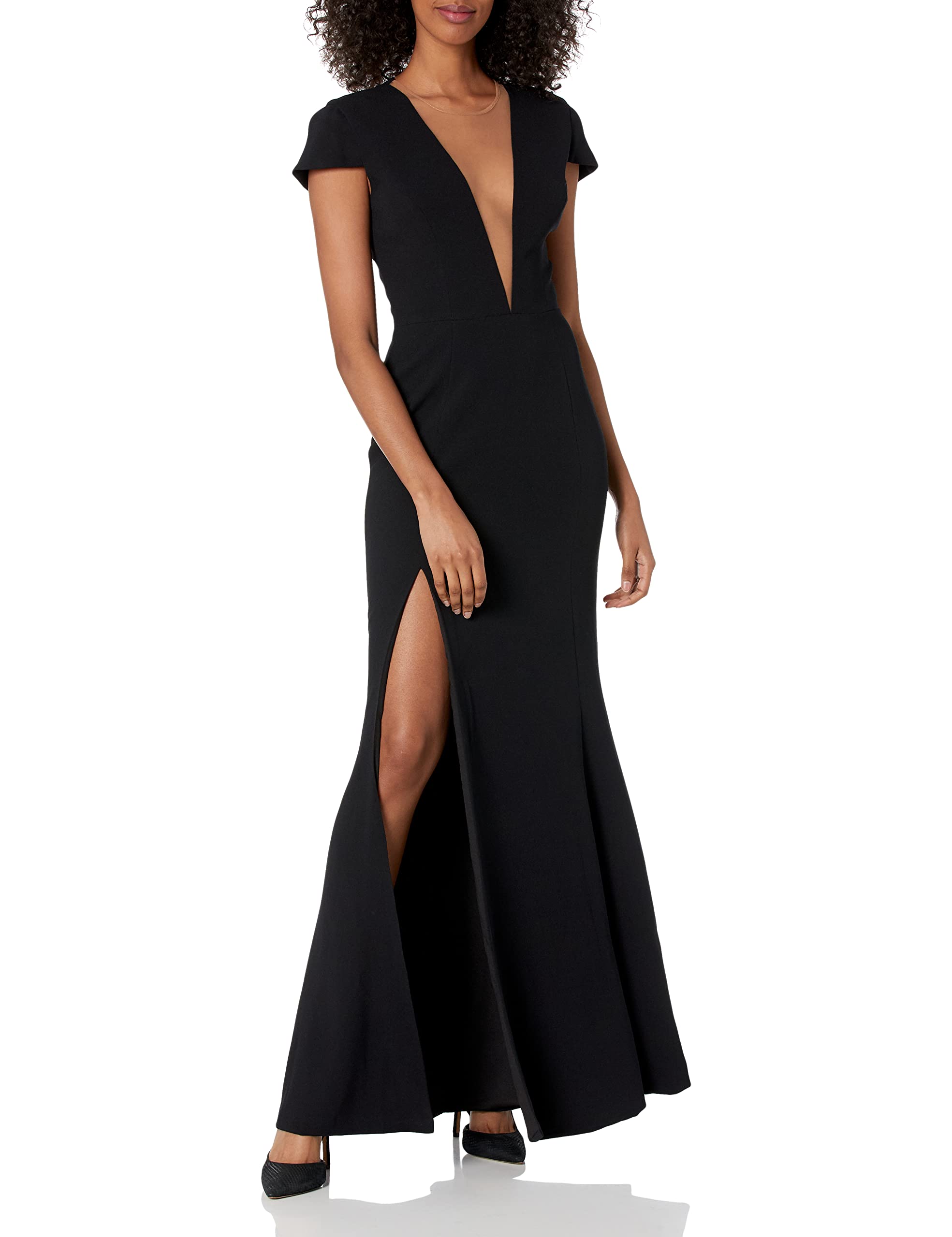 DRESS THE POPULATION Women's Leah Plunging V-Neck Illusion Cap Sleeve Crepe Formal Gown with High Slit - Elegant Evening Dress for Weddings, Galas & Special Occasions