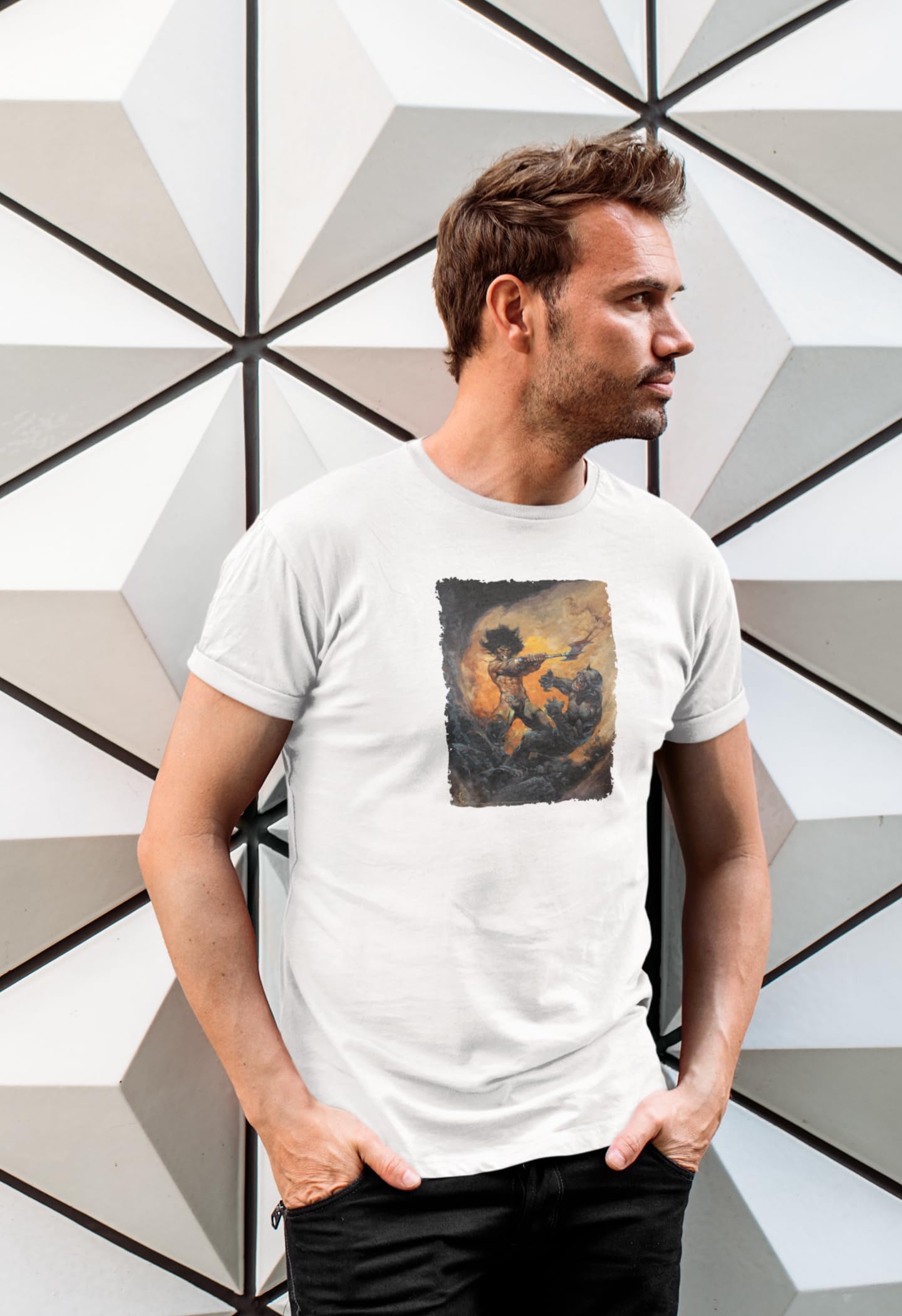 Frank Frazetta Barbarian 2 Graphic T-Shirt for Men | Pop Threads Art Tee | Casual Wear, Gift for Fantasy Fans & Comic Con
