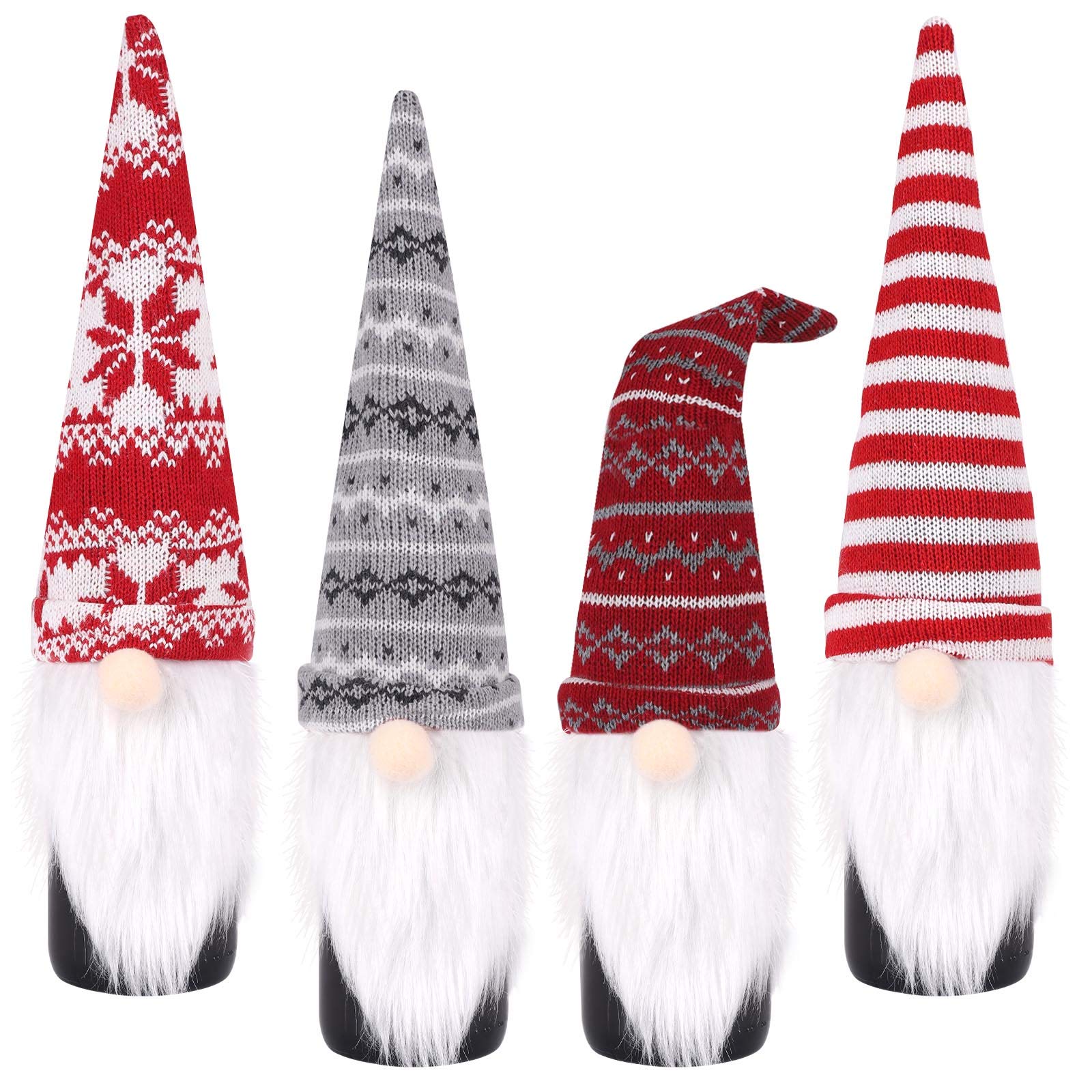 Handmade Swedish Gnome Wine Bottle Cover - Christmas Tomte Decorative Toppers & Reusable Gift Bags (4 Pack) for Holiday Parties, Home Decor & Festive Gifting