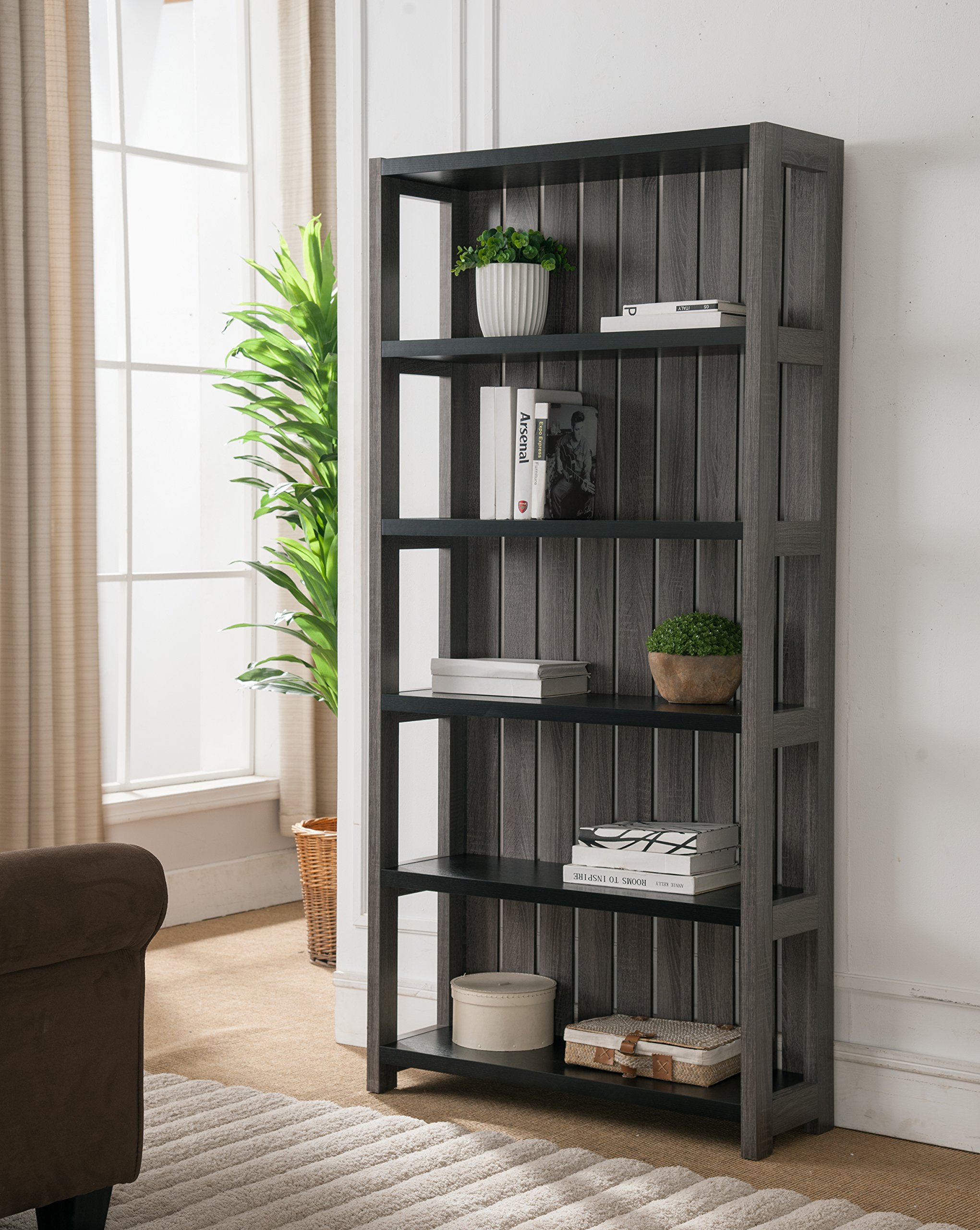 Furniture of America Jolie Rustic Bookcase - Solid Wood Bookshelf with 5 Shelves, Black - Perfect for Living Room, Home Office, and Library Storage