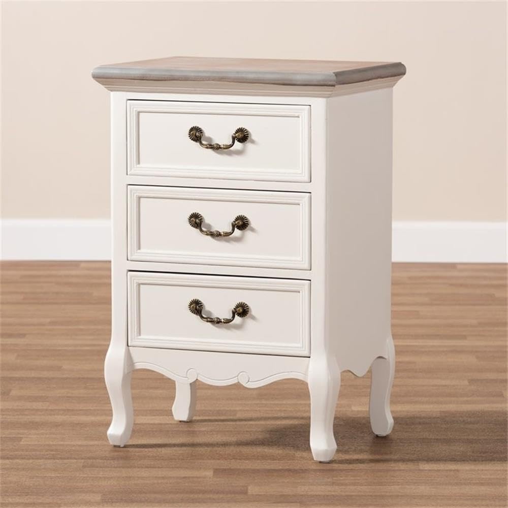 BOWERY HILL Two Tone Whitewashed Oak and White 3-Drawer Nightstand - Modern Bedside Table for Bedroom, Living Room & Guest Room - Perfect for Storage and Stylish Home Decor