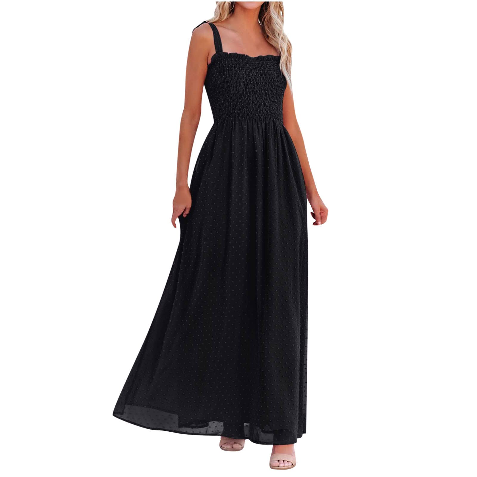 bmkBWO Women's Maxi Dress - Sexy Strappy Polka Dot Wedding Guest Dress, Loose Casual Solid Color Summer Beach Long Dress for Outdoor Parties, Vacations & Date Nights