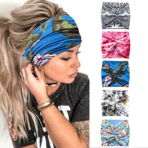 Boho Headbands for Women & Girls - 5-Pack Camouflage Hair Bands, Wide Bohemian Twist Head Wraps, Stretchy Turban Fabric Hair Accessories | Perfect for Yoga, Workouts, Beach & Everyday Fashion (Style B)