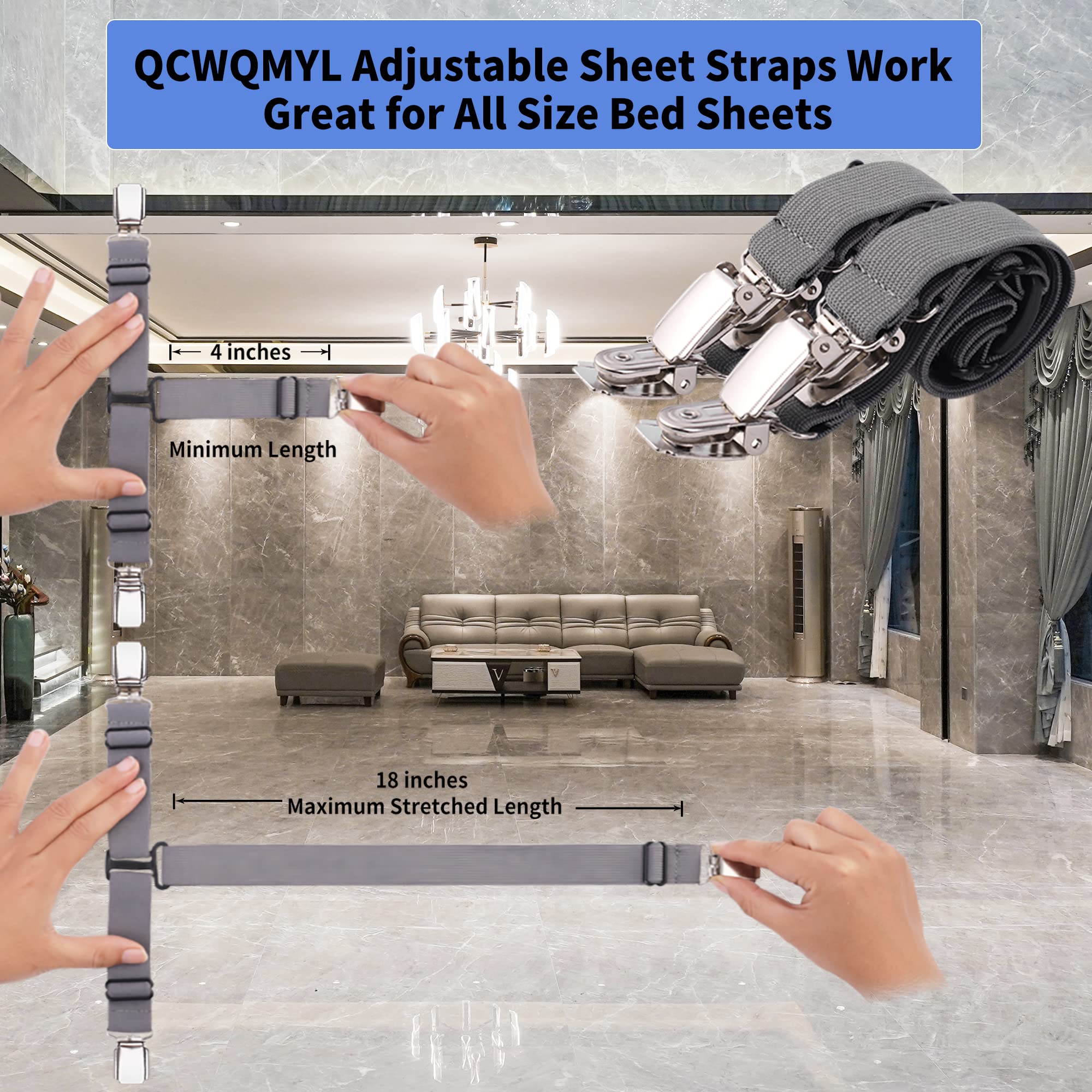 **4-Pack Premium Fitted Sheet Straps - Heavy Duty Bed Sheet Clips for Secure Hold - Grey Sheet Suspenders - Perfect for Deep Pocket Sheets & Adjustable Beds**    *(Ideal for keeping sheets snug on mattresses, preventing slips during sleep, and organizing bedding in homes, hotels, or RVs.)*