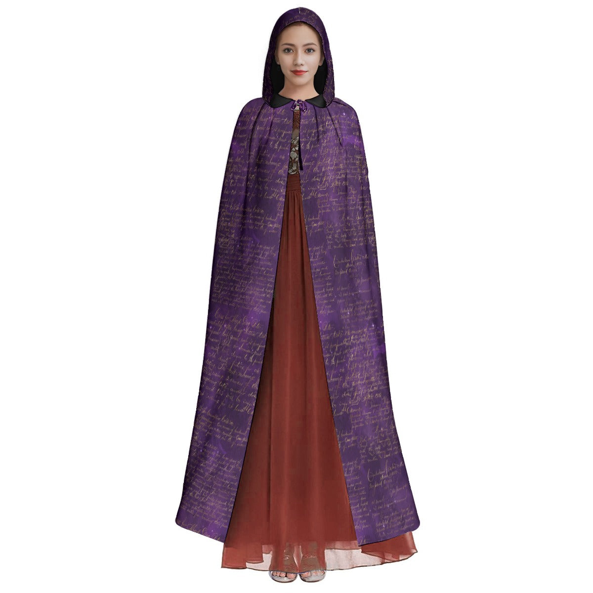 Gothic Purple Text Microfiber Hooded Cloak - Elegant Medieval Fantasy Costume for Cosplay, Renaissance Fairs & Halloween