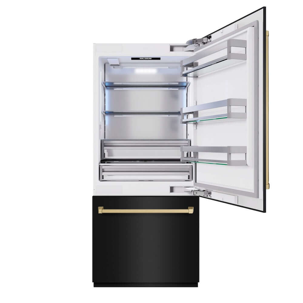 ZLINE Autograph Edition 36 Inch Built-In Bottom Freezer Refrigerator - 19.8 cu.ft Capacity, Black Stainless Steel with Champagne Bronze Accents, Water Dispenser & Ice Maker - Perfect for Modern Kitchens & Open Concept Homes (RBITZ BS 36 CB)