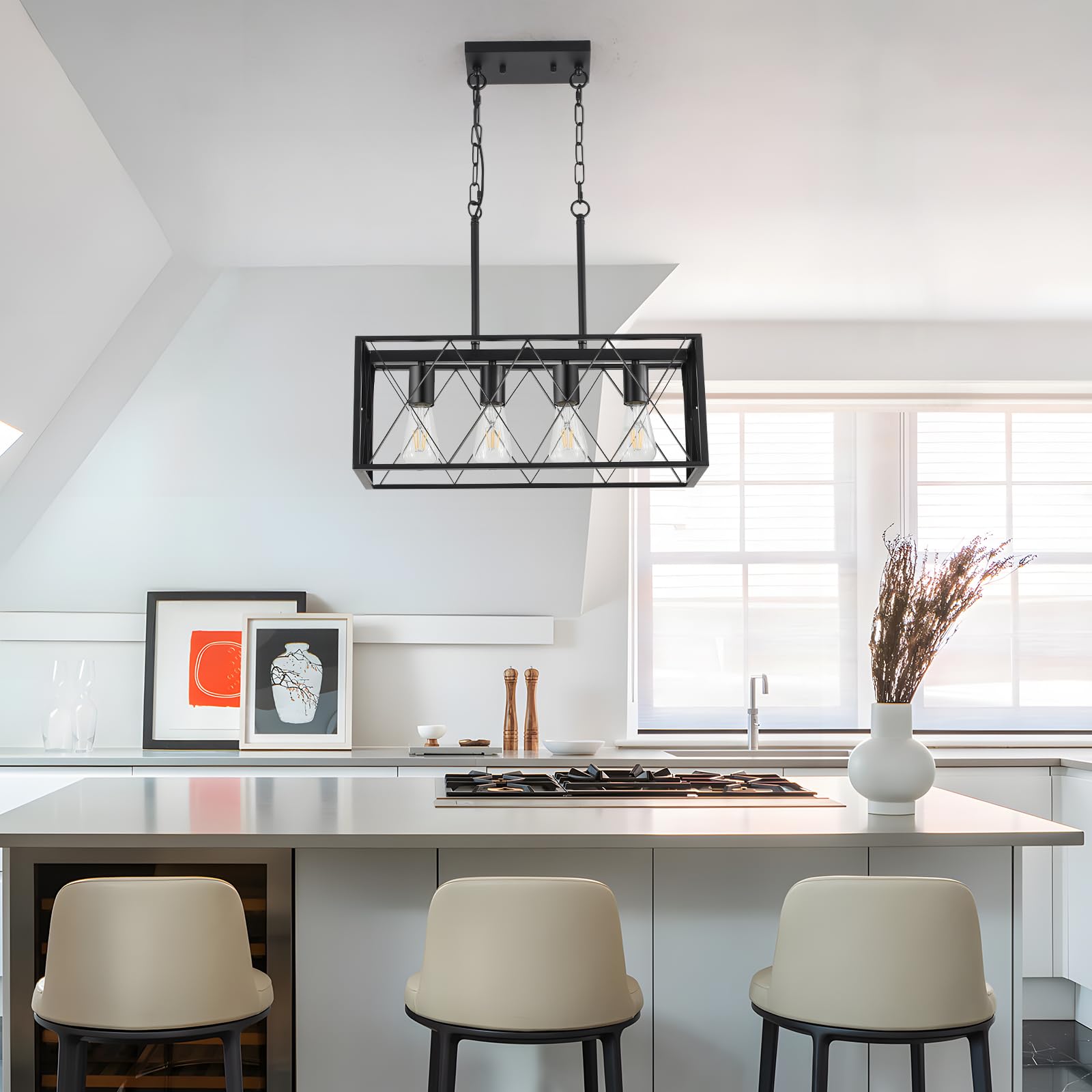 KEESFU Black Farmhouse Kitchen Island Pendant Light - Adjustable Height 4-Light Industrial Fixture for Dining Room, Living Room, Foyer & Over Sink | Perfect for Rustic Home Decor & Modern Farmhouse Style