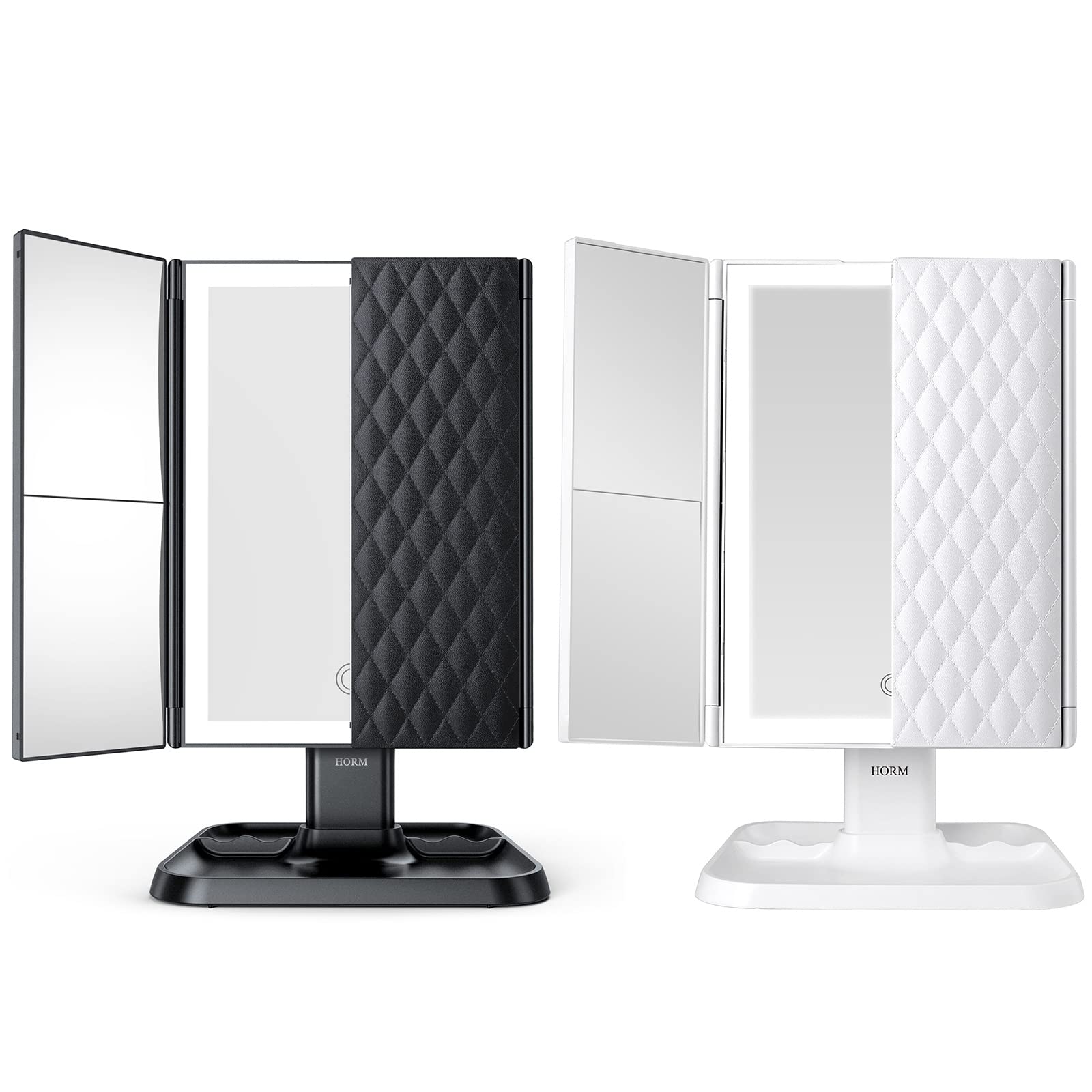 2 Pack White & Black LED Vanity Makeup Mirror with 3 Color Lighting Modes - 72 LED Trifold Mirror with 1x/2x/3x Magnification, Touch Control for Home & Professional Makeup Application, Perfect for Bedroom, Bathroom & Dressing Room